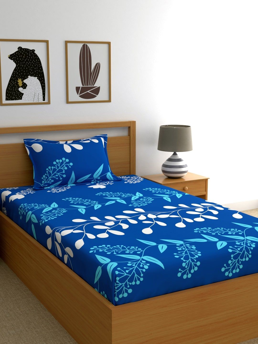 Home Ecstasy Blue Floral 140 TC Cotton 1 Single Bedsheet with 1 Pillow Covers-picture-10