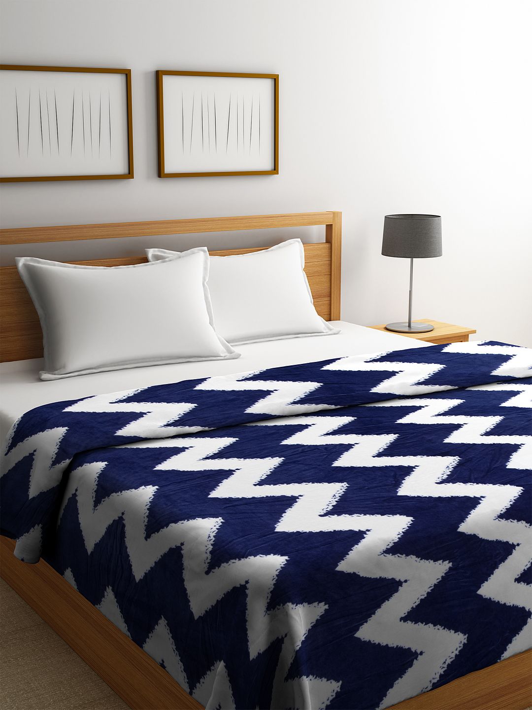 Cortina Navy Blue & White Chevron Print AC Room 250 GSM Double Bed Flannel Blanket-image-34