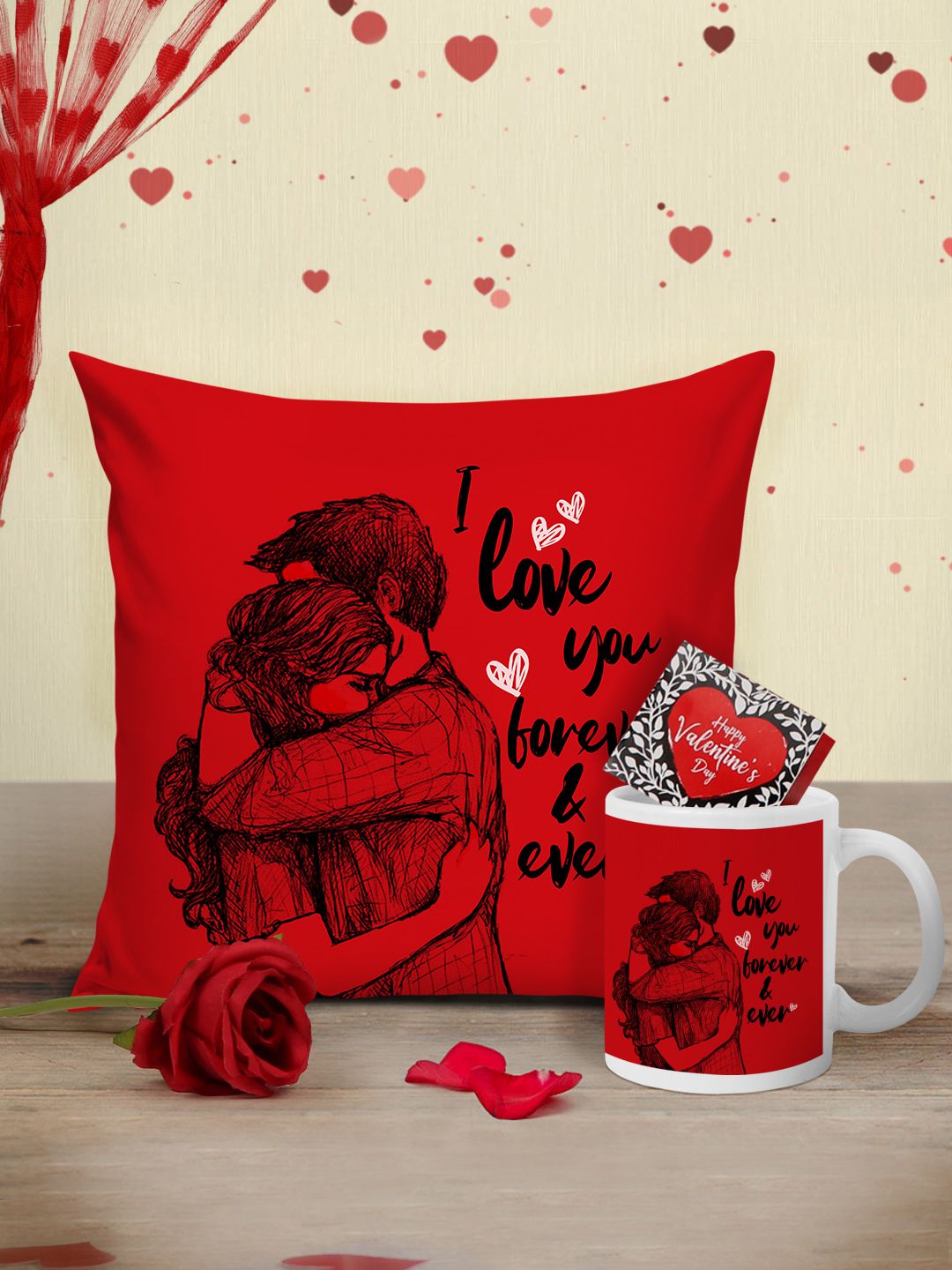 Tied Ribbons Red & Black Valentine Cushion with Mug, Rose and Mini Card-image-24