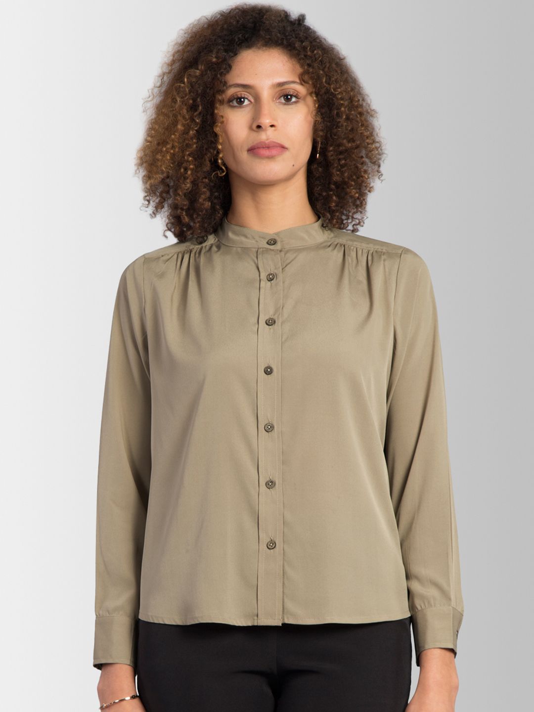 FableStreet Women Beige Tailored Fit Solid Casual Shirt