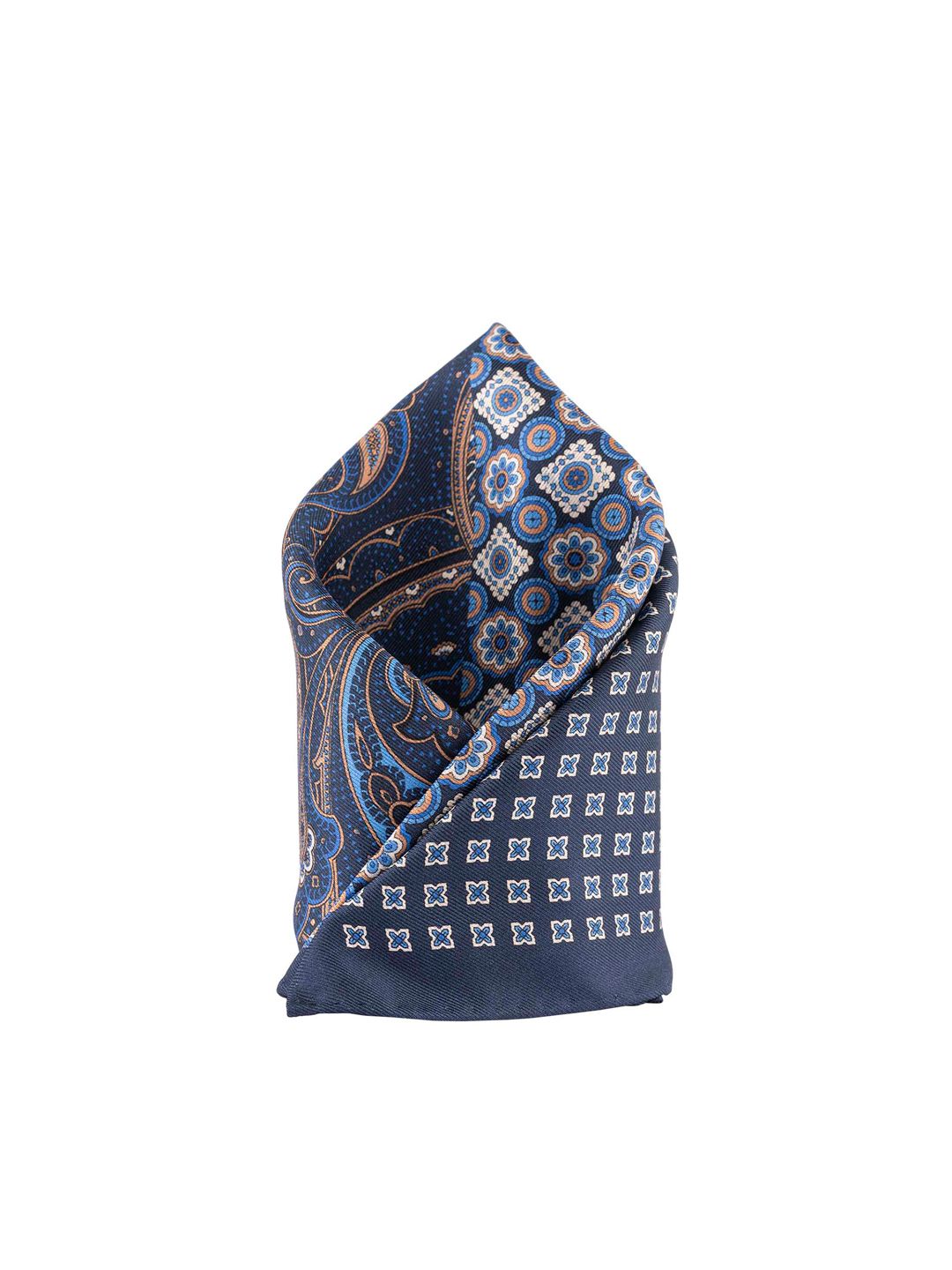 The Tie Hub Men Navy Blue & Green Printed Silk Reversible Pocket Square-image-42