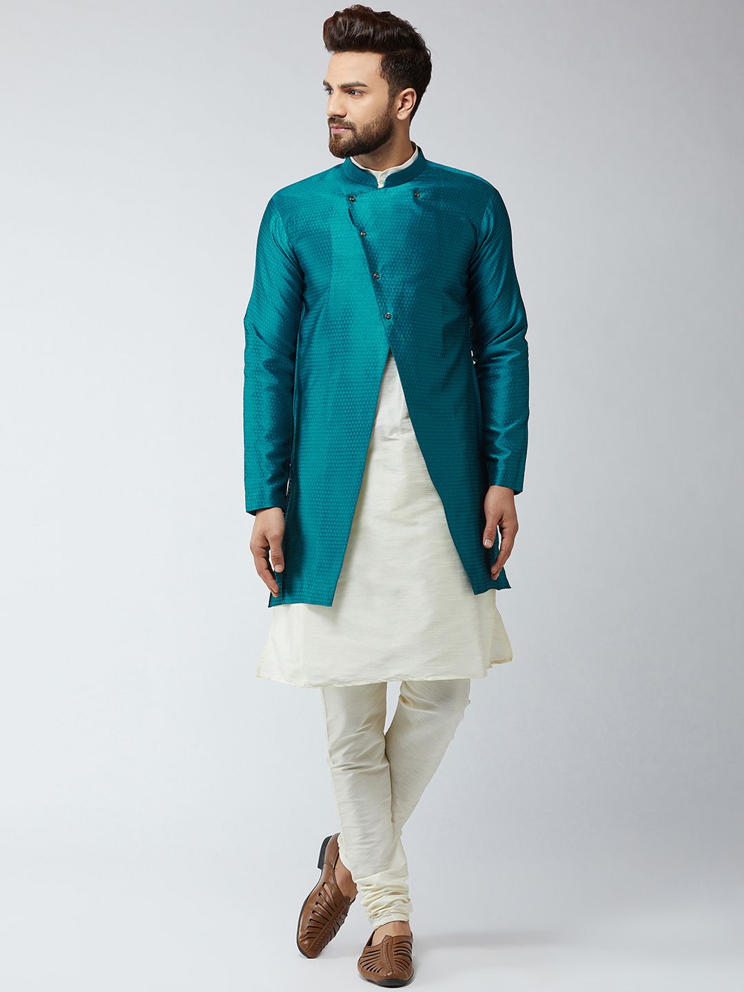 SOJANYA Men Off-White & Blue Self Design Sherwani Set-image-36