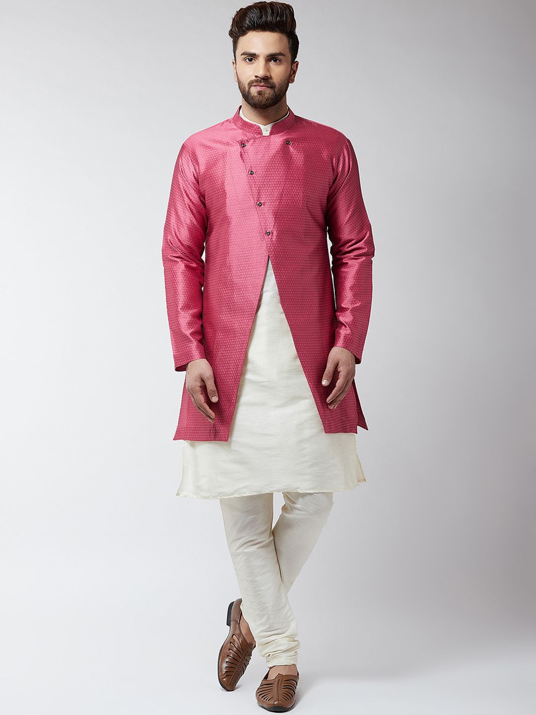 SOJANYA Men Off White & Pink Self-Design Sherwani Set