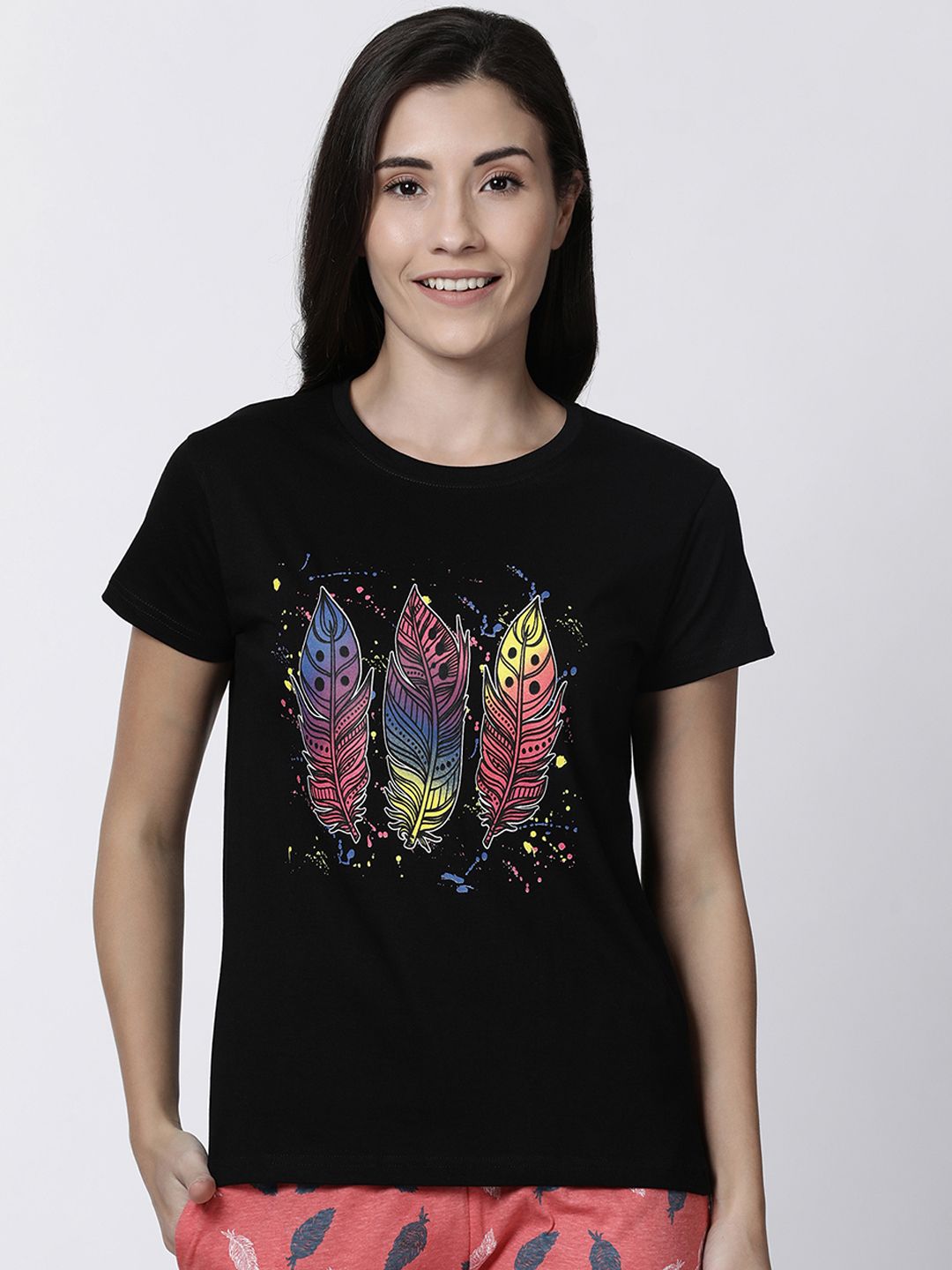 Kryptic Women Black Printed Round Neck Pure Cotton Lounge T-shirt-image-41