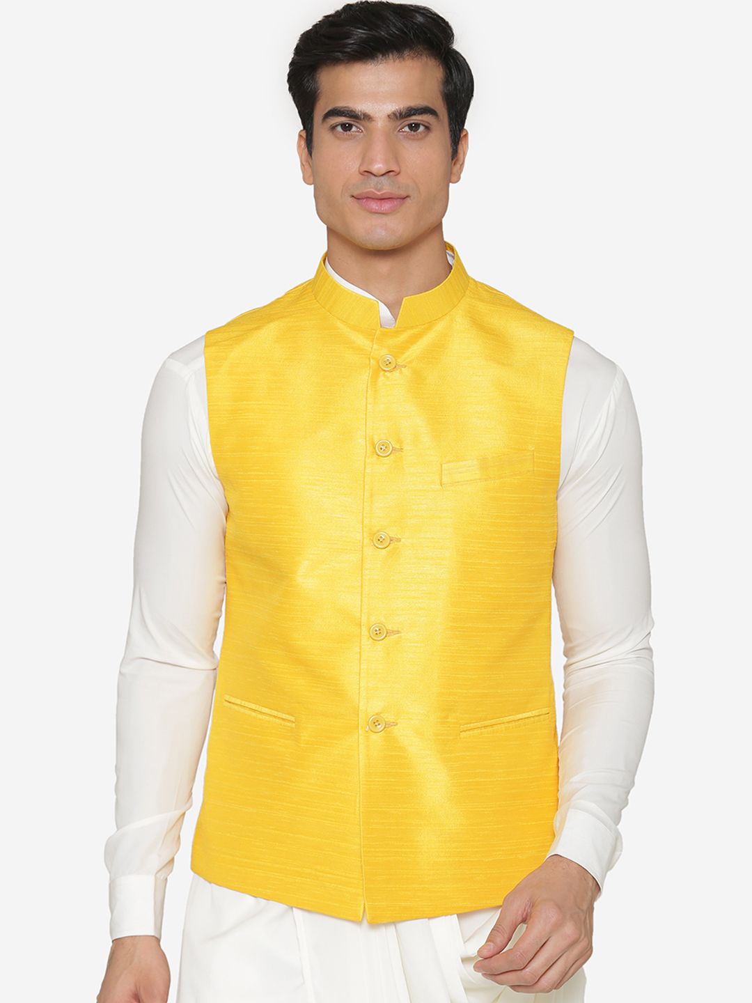 MANQ Men Yellow Solid Waistcoat-image-2