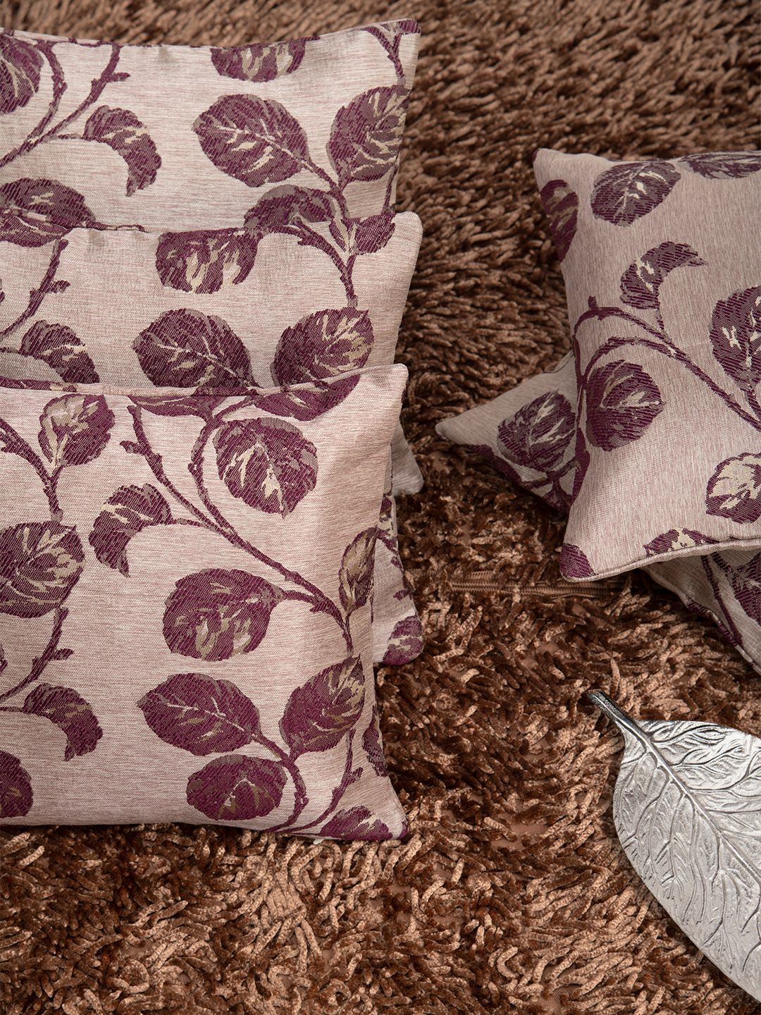HOUZZCODE Mauve Set of 5 Floral Square Cushion Covers-image-1