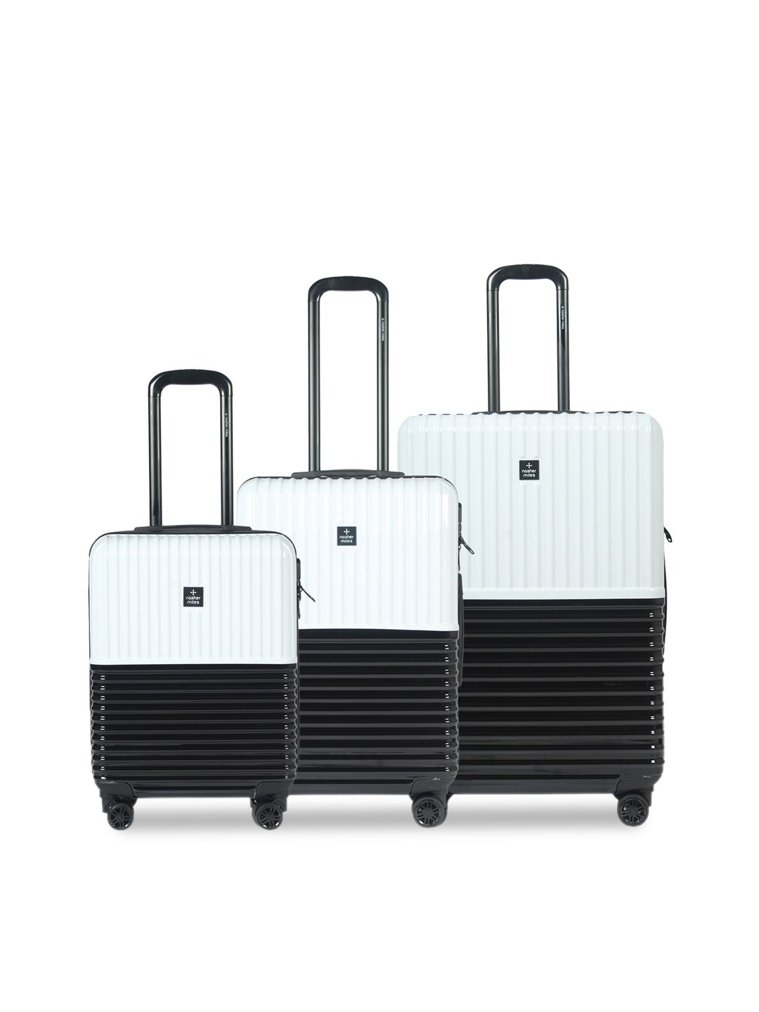 Nasher Miles Unisex Set Of 3 White & Black Colourblocked Istanbul Hard-Sided Trolley Suitcases