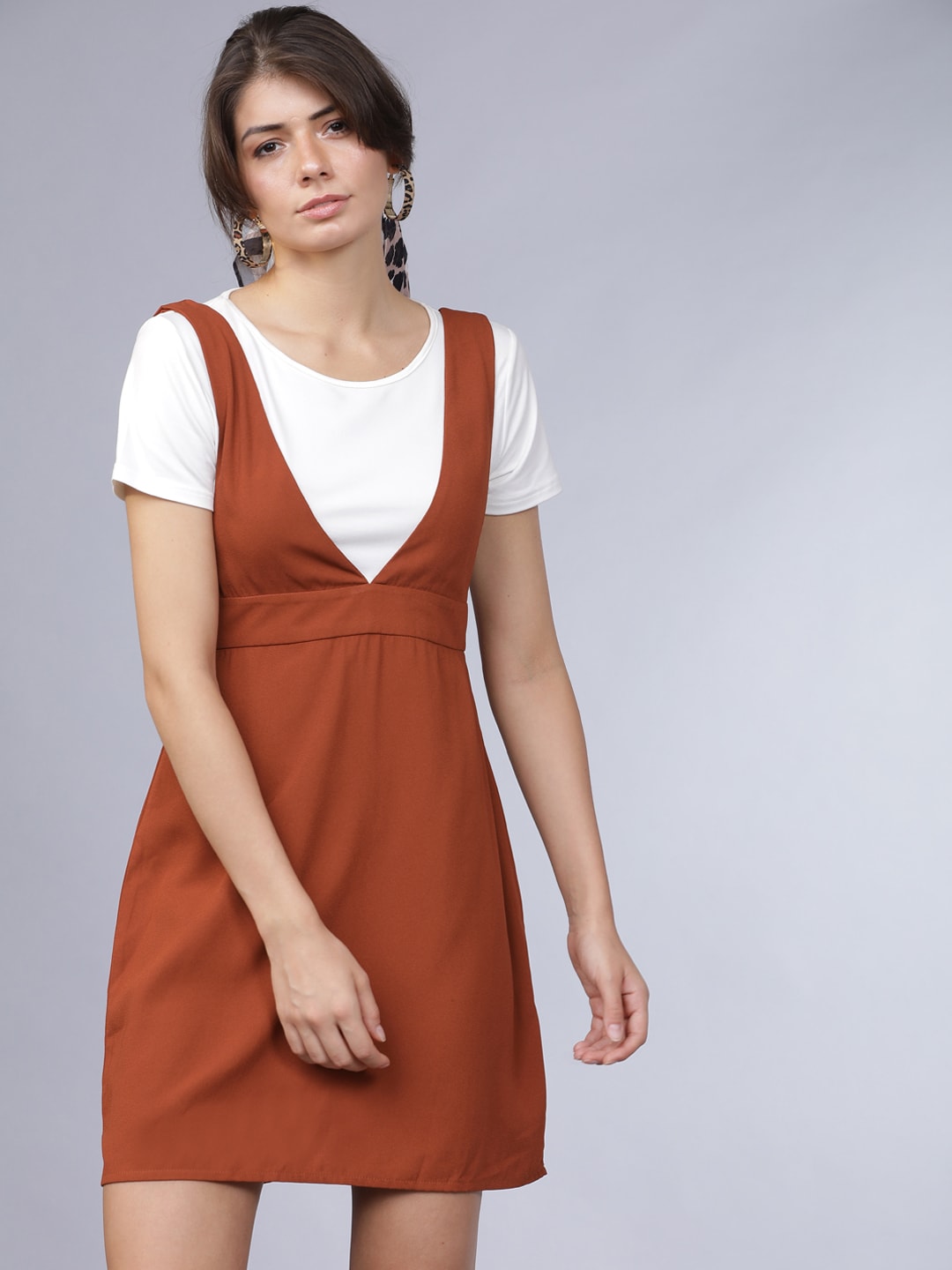 Tokyo Talkies Women Brown Solid Pinafore Dress