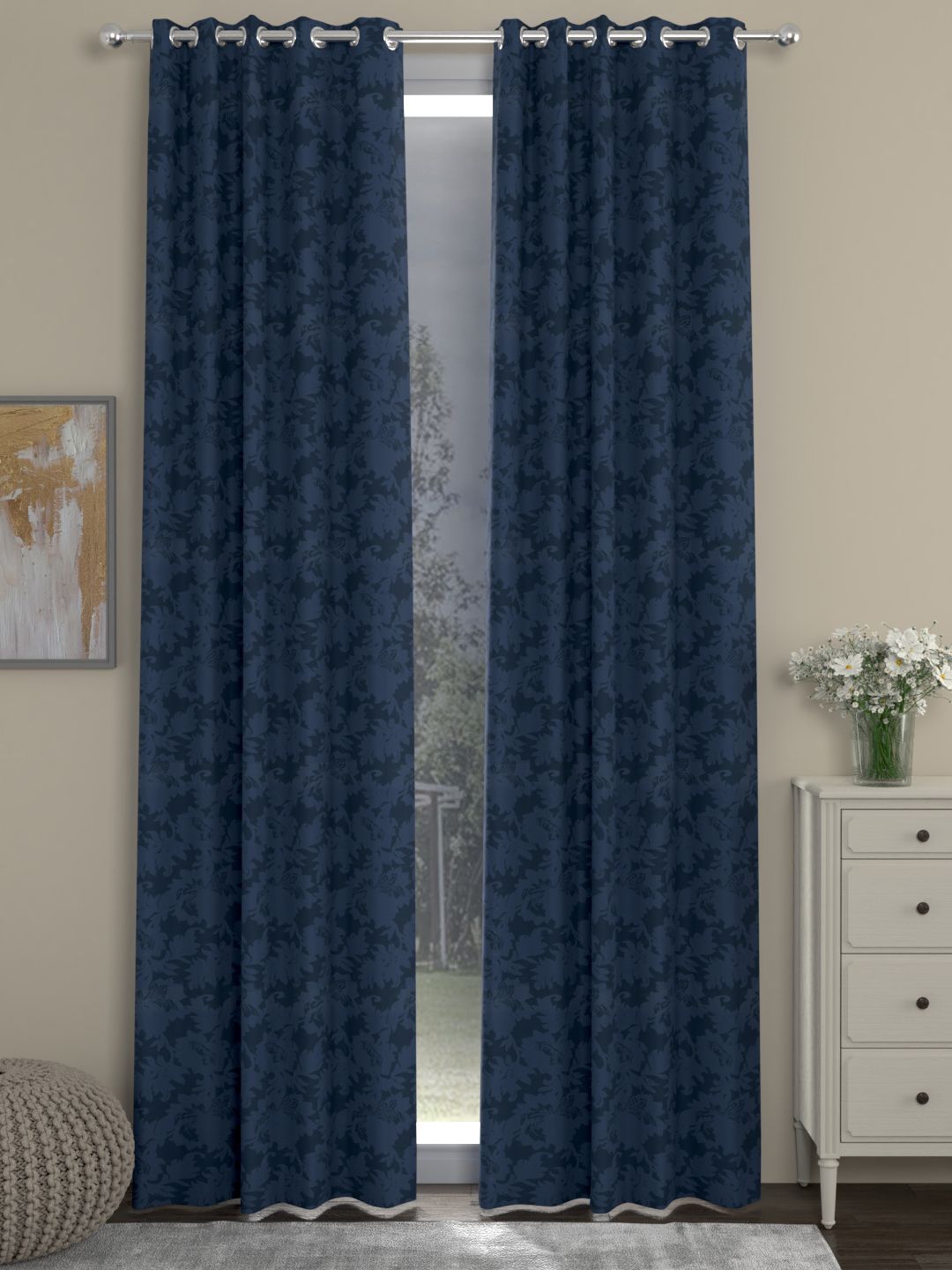 ROSARA HOME Set of 2 Navy Blue Jacquard Long Door Curtains-picture-20