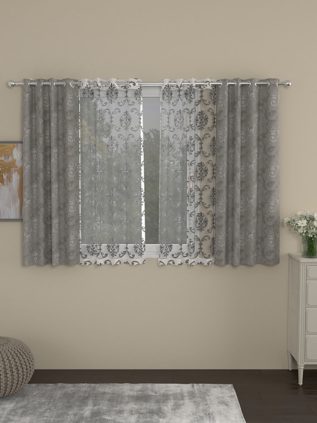 ROSARA HOME Grey & White Set of 4 Window Curtains-image-40
