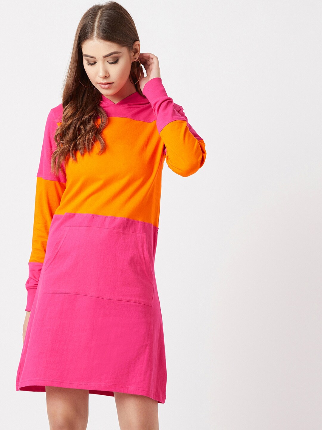 The Dry State Women Pink & Orange Colourblocked Hooded T-shirt Dress