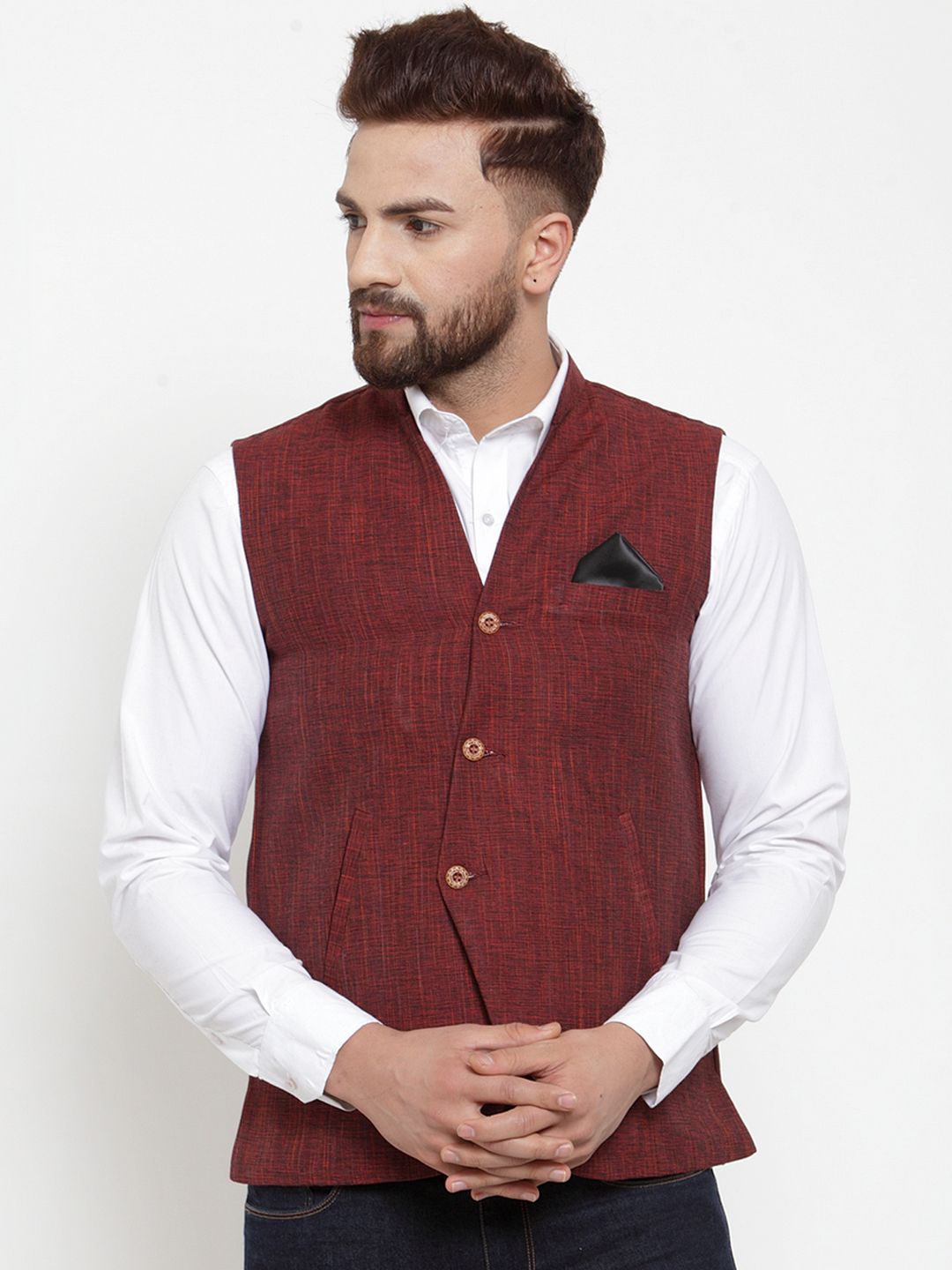 KLOTTHE Men Maroon Solid Pure Cotton Nehru Jacket-picture-37