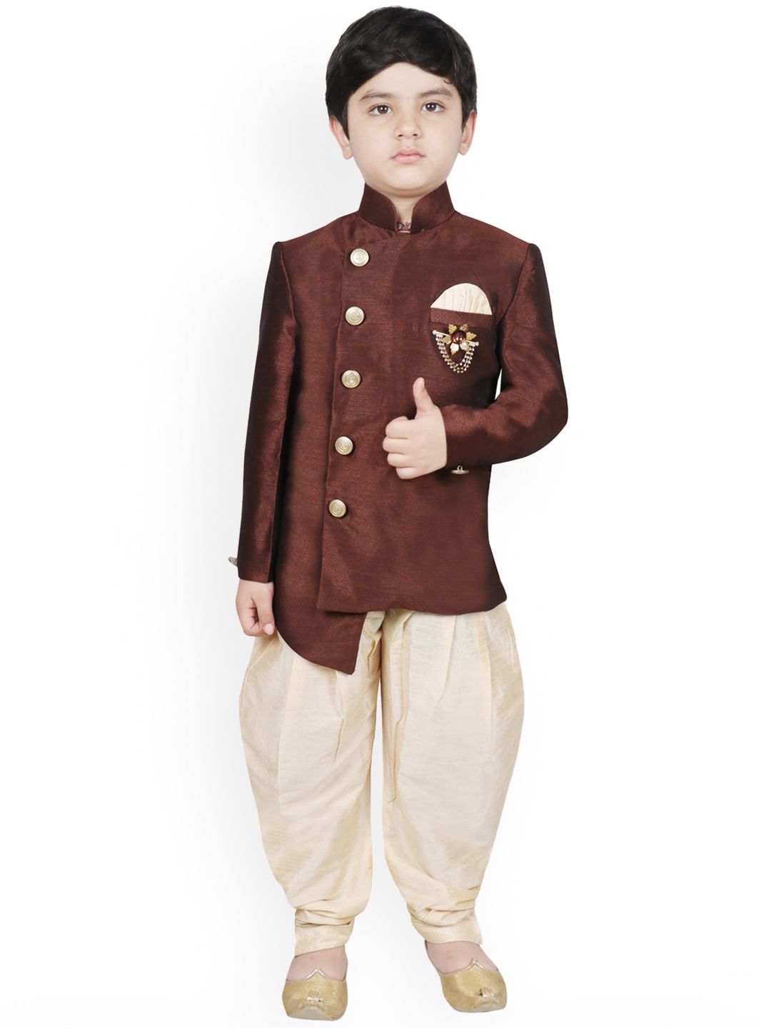 SG YUVRAJ Boys Brown & Beige Silk Sherwani Set-picture-34