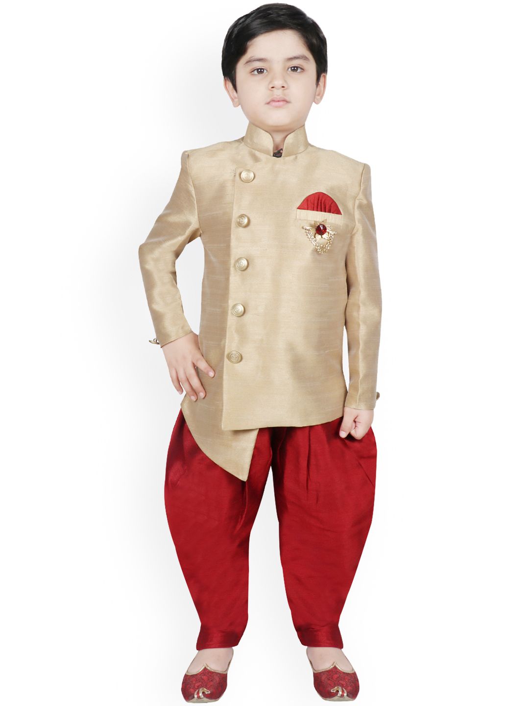 SG YUVRAJ Boys Gold-Coloured & Maroon Solid Silk Sherwani-picture-35