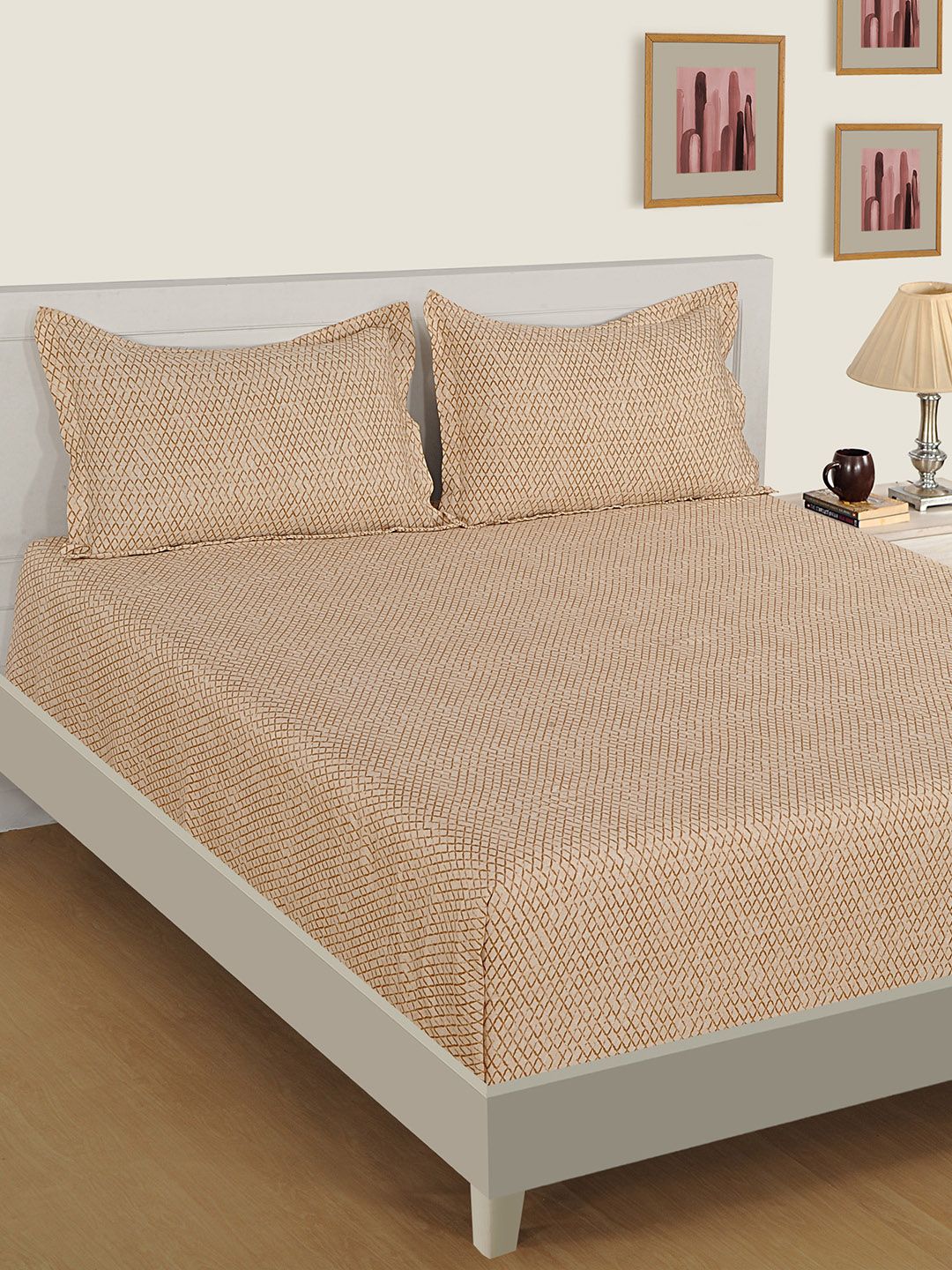 SWAYAM Beige Ethnic Motifs 600 TC Cotton 1 King Bedsheet with 2 Pillow Covers-image-38