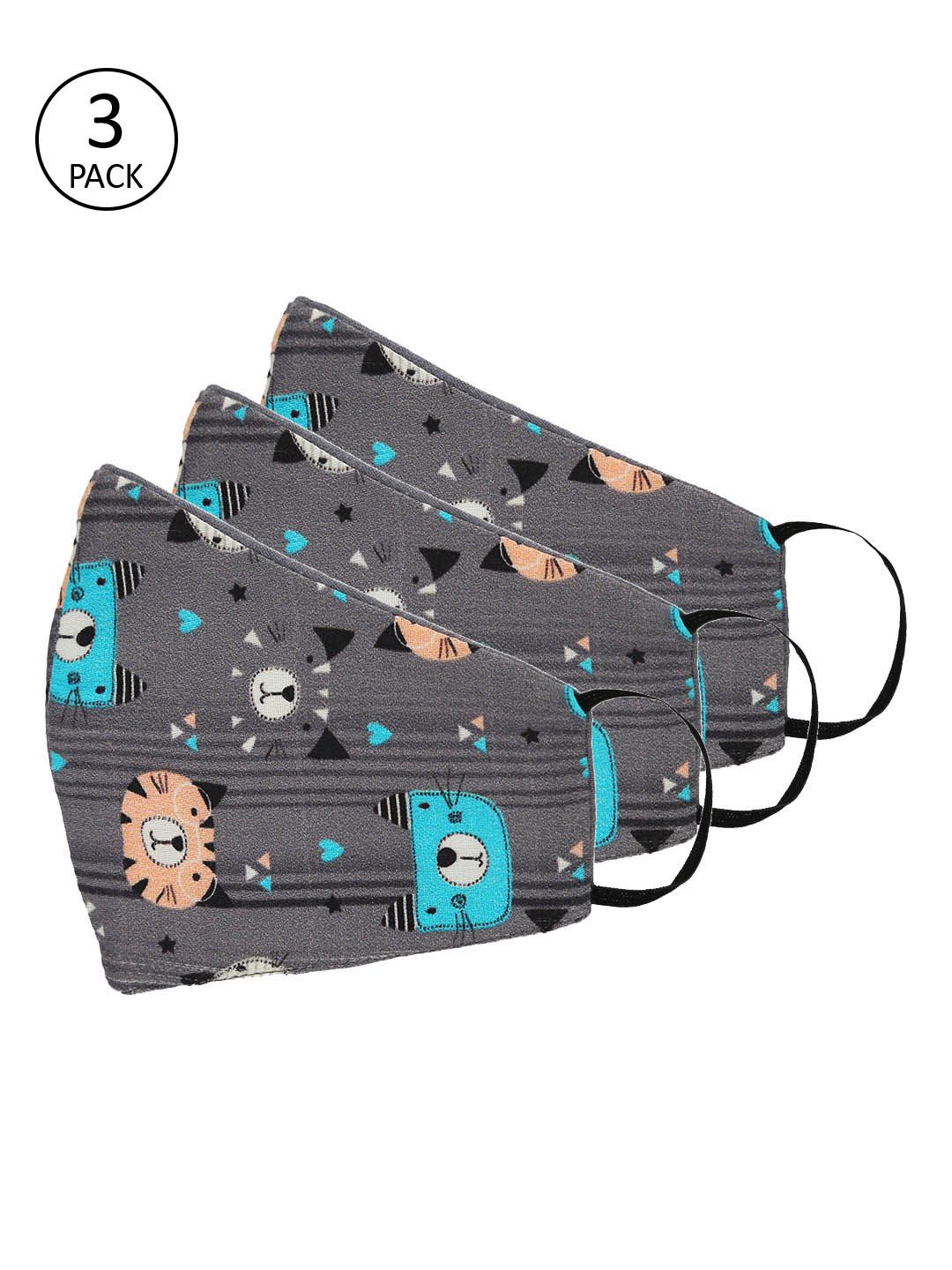 Tossido Kids Grey Printed Pack of 3 Reusable 3-Layers Cloth Masks-image-49