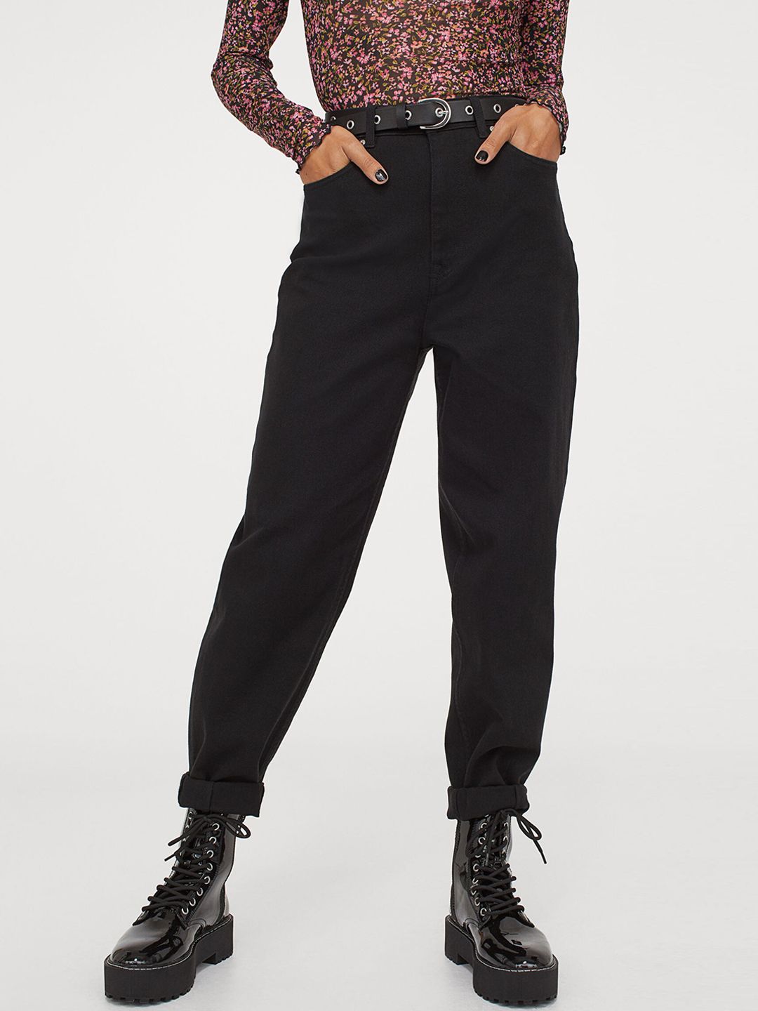 H&M Women Black Solid Mom Loose-Fit Twill Trousers