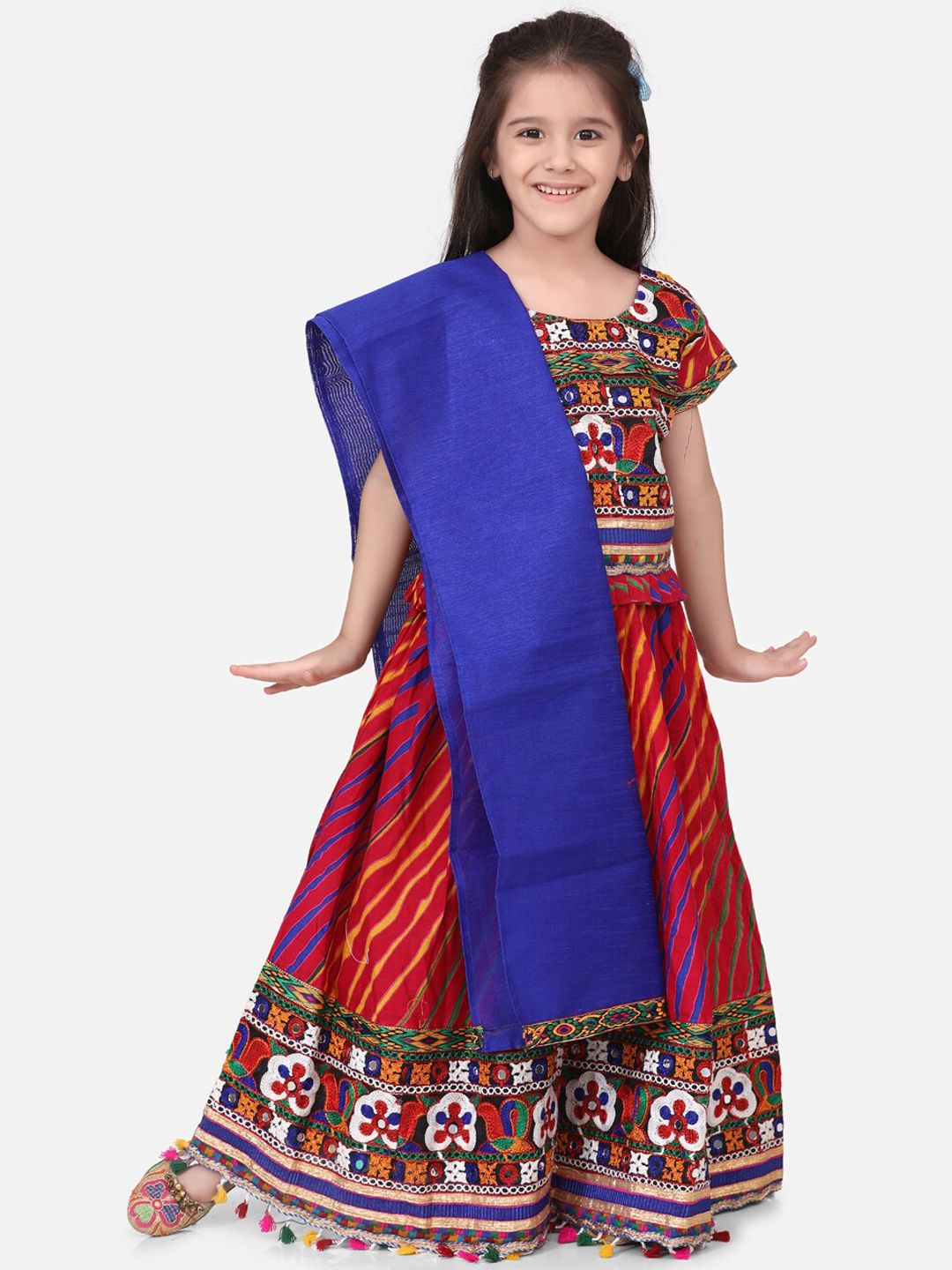BownBee Girls Pink & Blue Embroidered Ready to Wear Lehenga & Blouse with Dupatta-picture-28