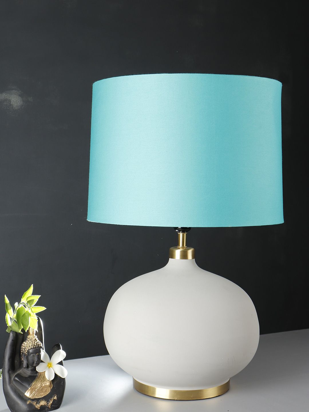 Grated Ginger Turquoise Blue & Grey Solid Handcrafted Buffet Table Lamp with Shade-picture-43