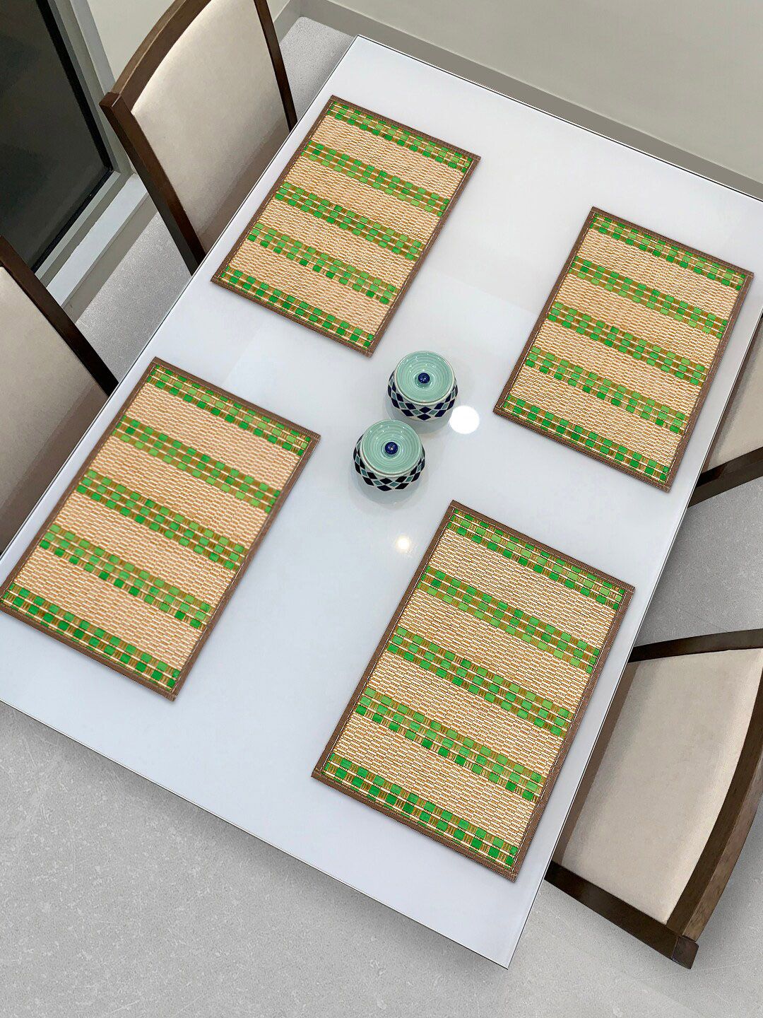 HOKIPO Set Of 4 Green & Beige Striped Heat Resistant Wooden Table Placemats-image-15