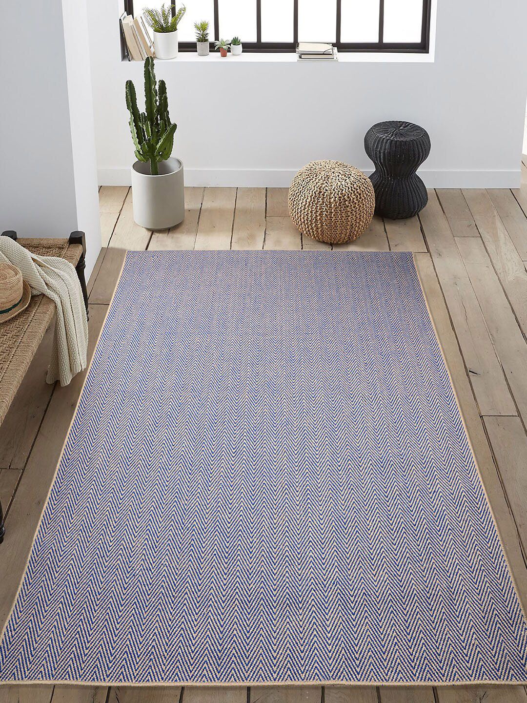 Saral Home Blue & Beige Chevron Designer Anti-Skid Jute Carpet