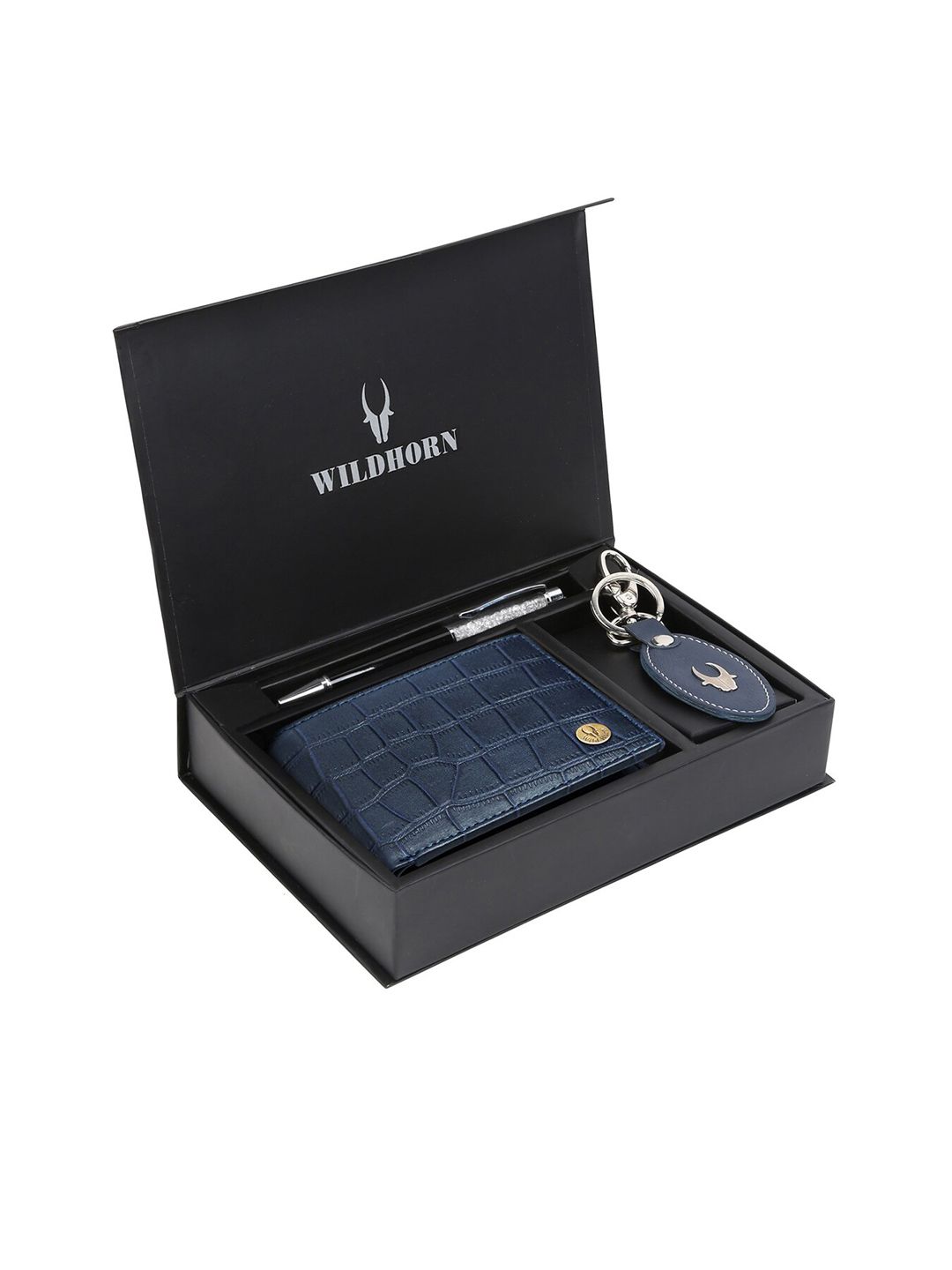WildHorn Men Blue & Black RFID Protected Genuine Leather Wallet & Pen Accessory Gift Set-image-48