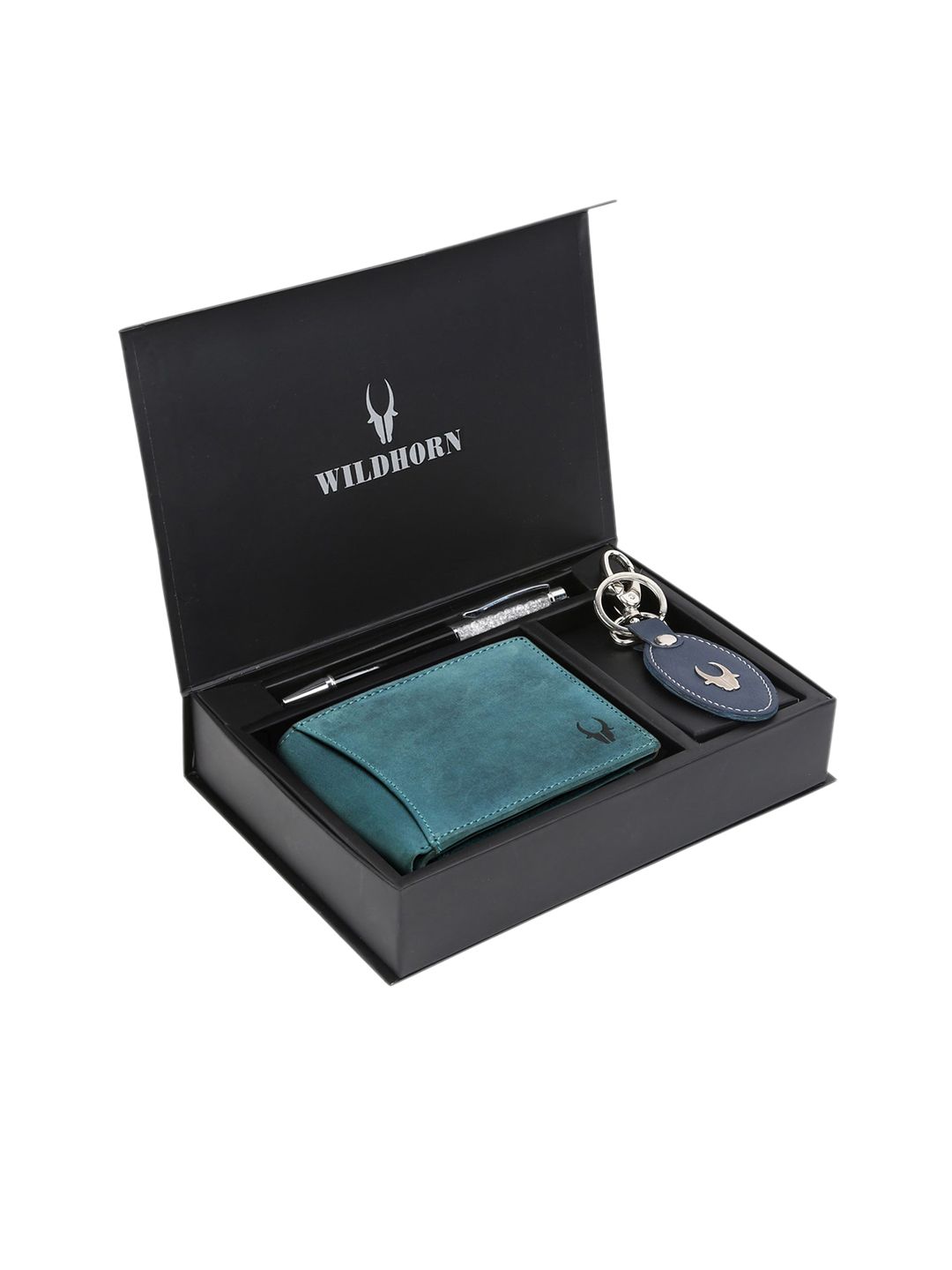 WildHorn Men Teal Blue & Black RFID Protected Genuine Leather Wallet & Pen Accessory Gift Set-image-19
