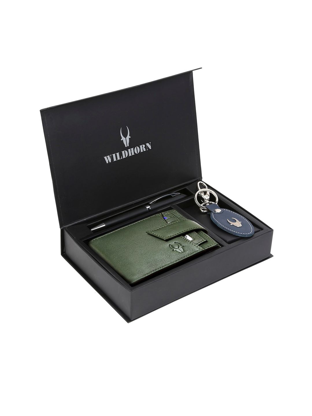 WildHorn Men Green & Blue RFID Protected Genuine Leather Accessory Gift Set-picture-24