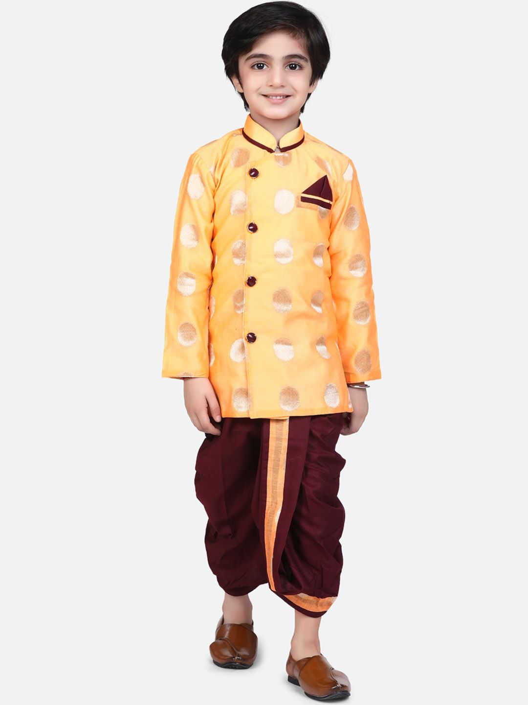 BownBee Boys Orange & Burgundy Woven-Design Brocade Sherwani Set-picture-55