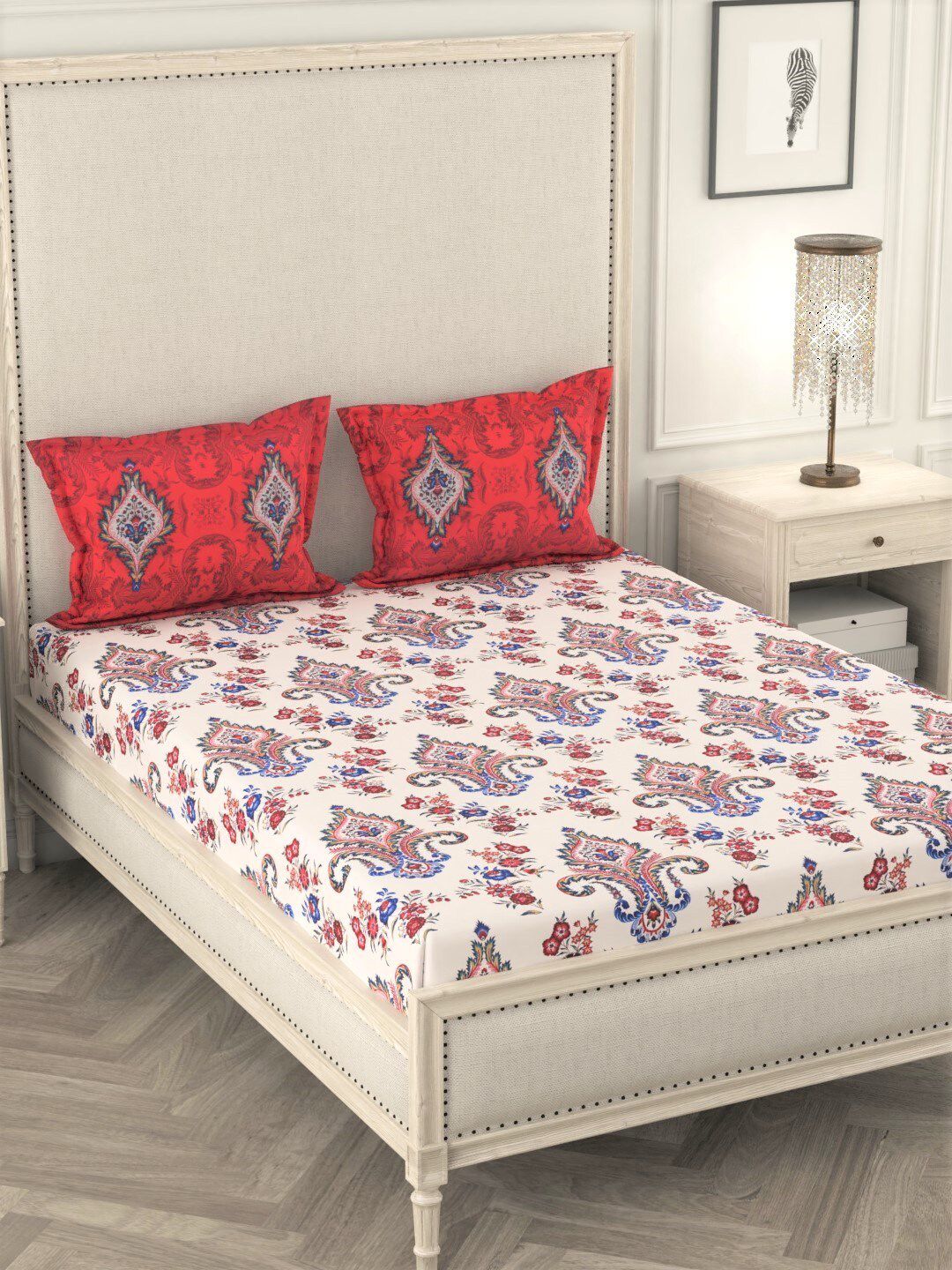 URBAN SPACE Red & Blue Ethnic Motifs 180 TC Cotton 1 King Bedsheet with 2 Pillow Covers-picture-32