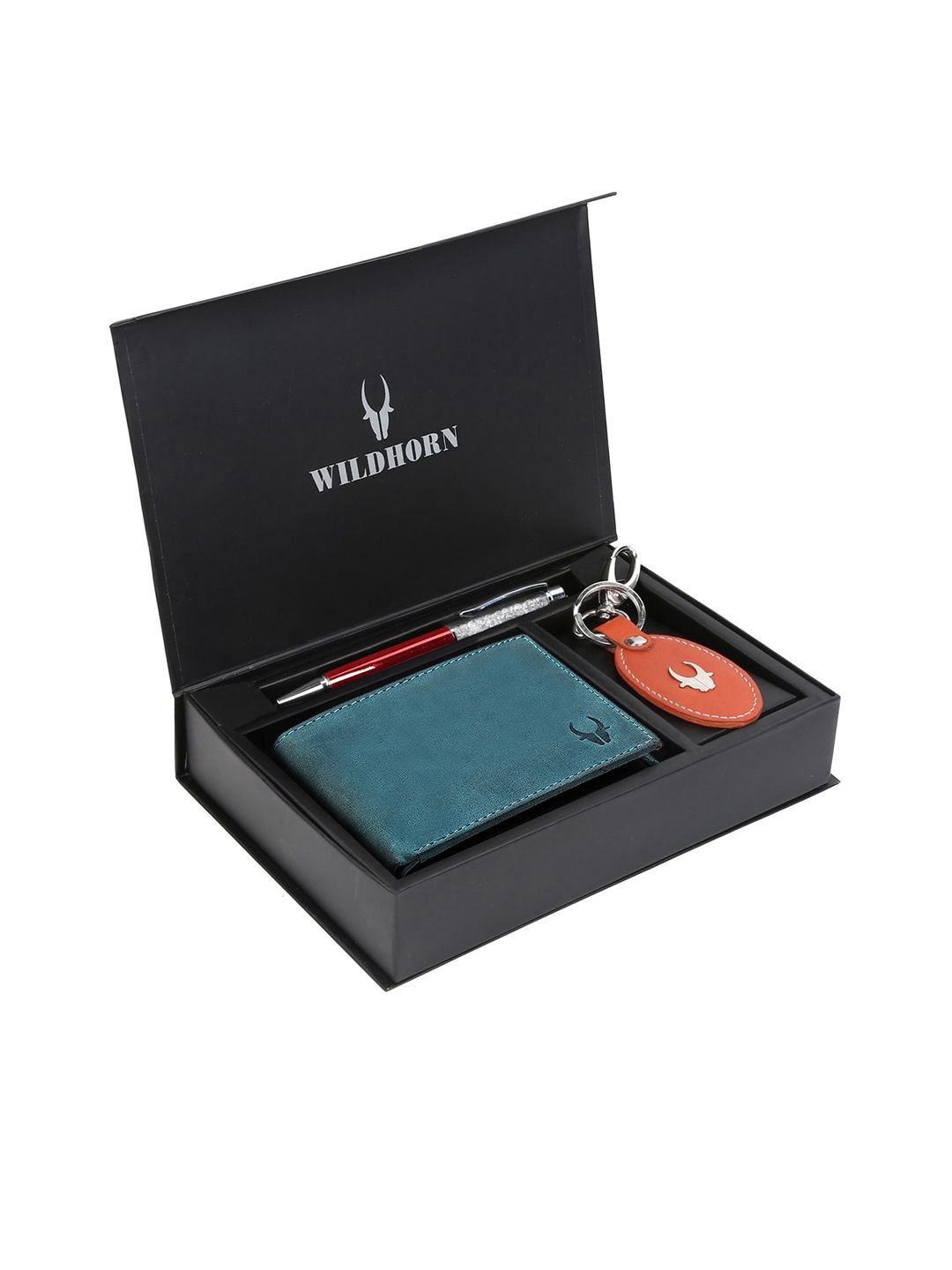 WildHorn Men Teal Blue & Orange RFID Protected Genuine Leather Accessory Gift Set-picture-32