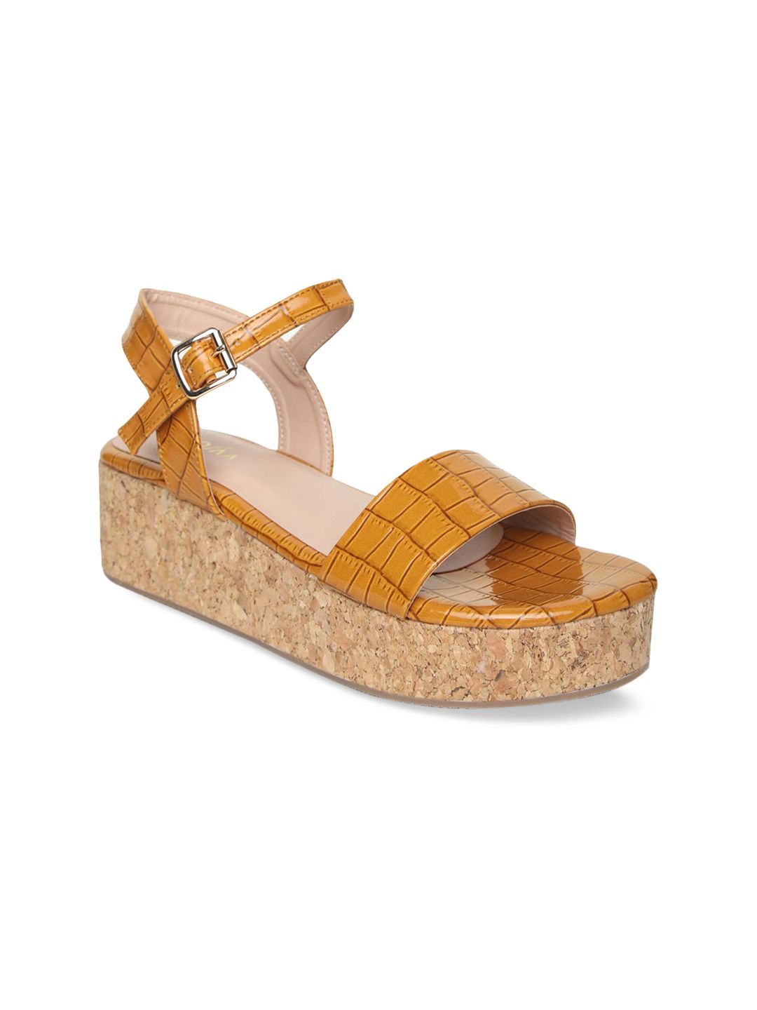 VALIOSAA Women Mustard Yellow Textured Heels-picture-38