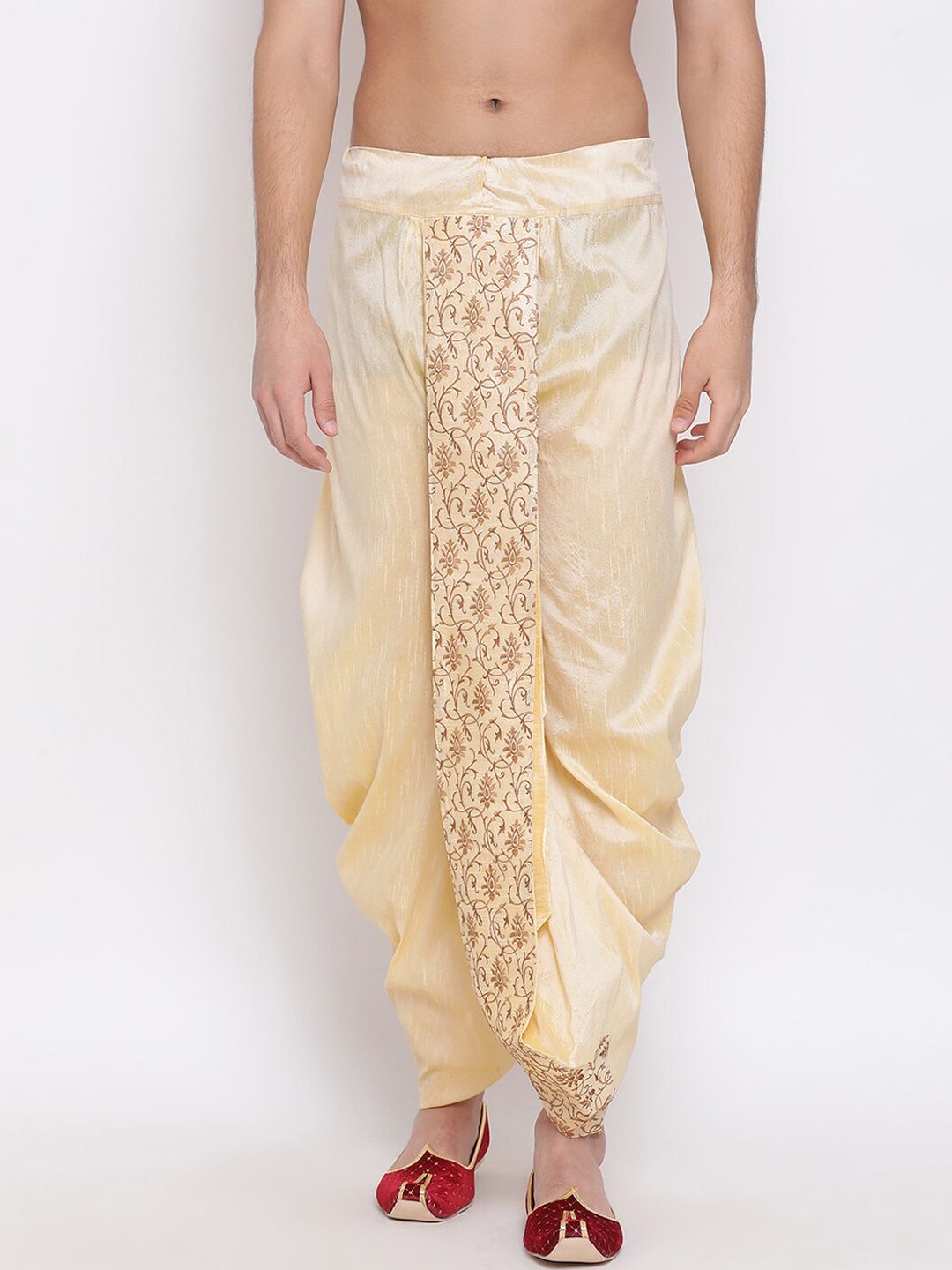 VASTRAMAY Men Beige & Gold-Coloured Embroidered Silk Dhoti-picture-38