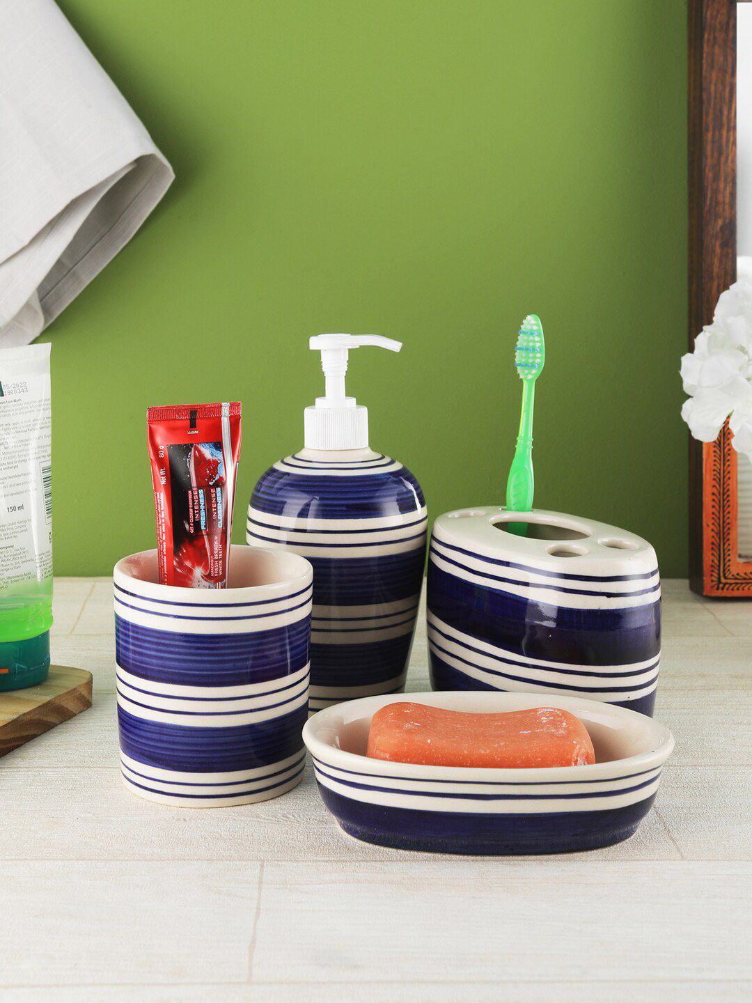 VarEesha Blue & Off-White Striped Indigo Ceramic Four Piece Bathroom Accessories Set