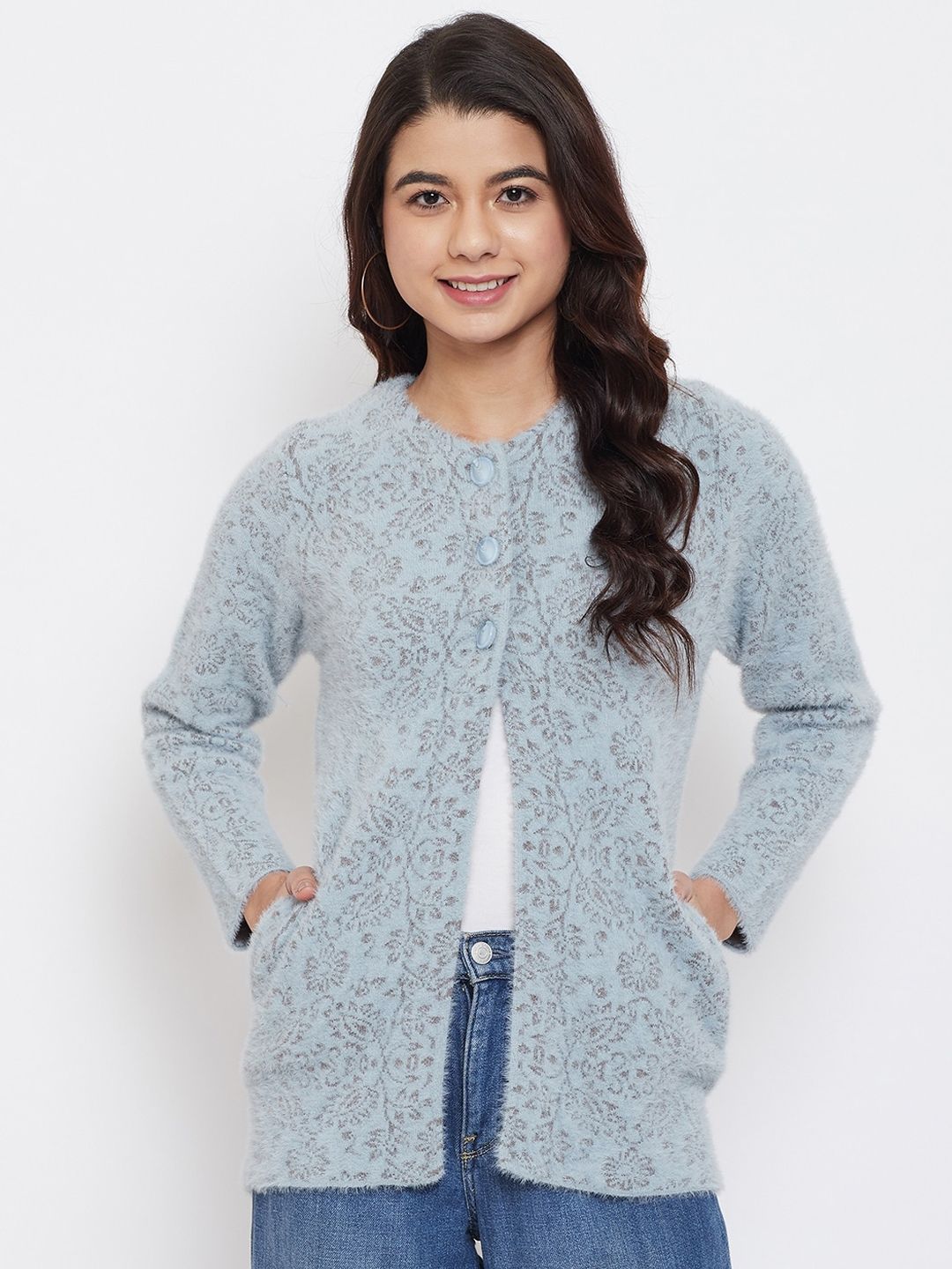 Zigo Women Blue & Grey Self-Design Cardigan Sweater-image-4