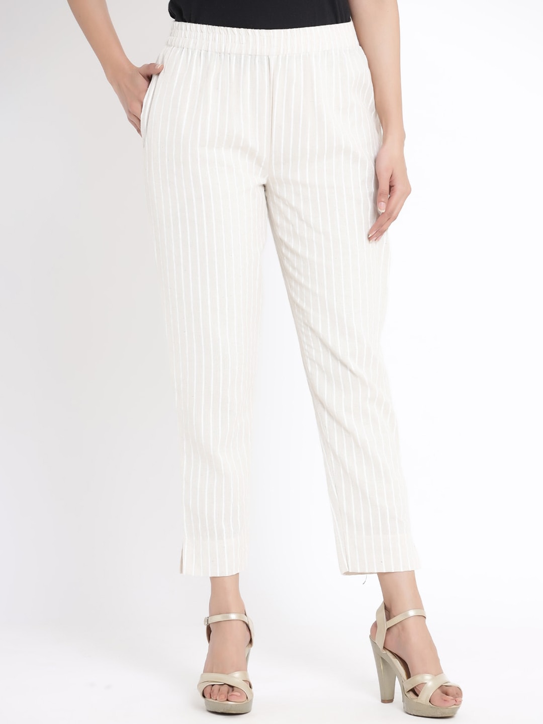 Juniper Women Off-White Slim Fit Striped Regular Trousers