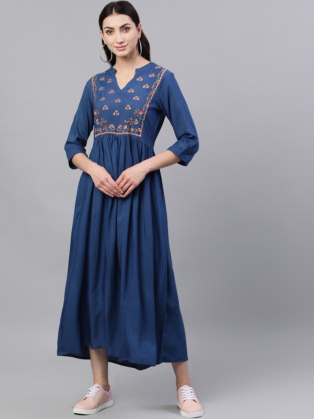 Nayo Women Blue Embroidered A-Line Dress
