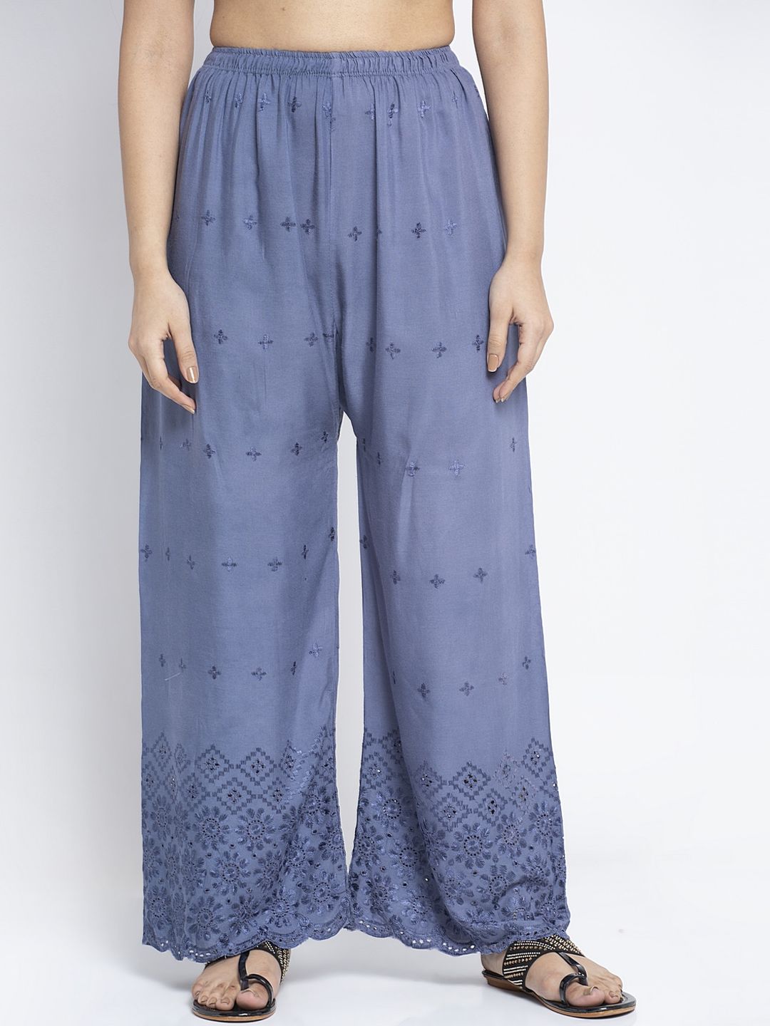 GRACIT Women Blue Embroidered Wide Leg Palazzos-image-21