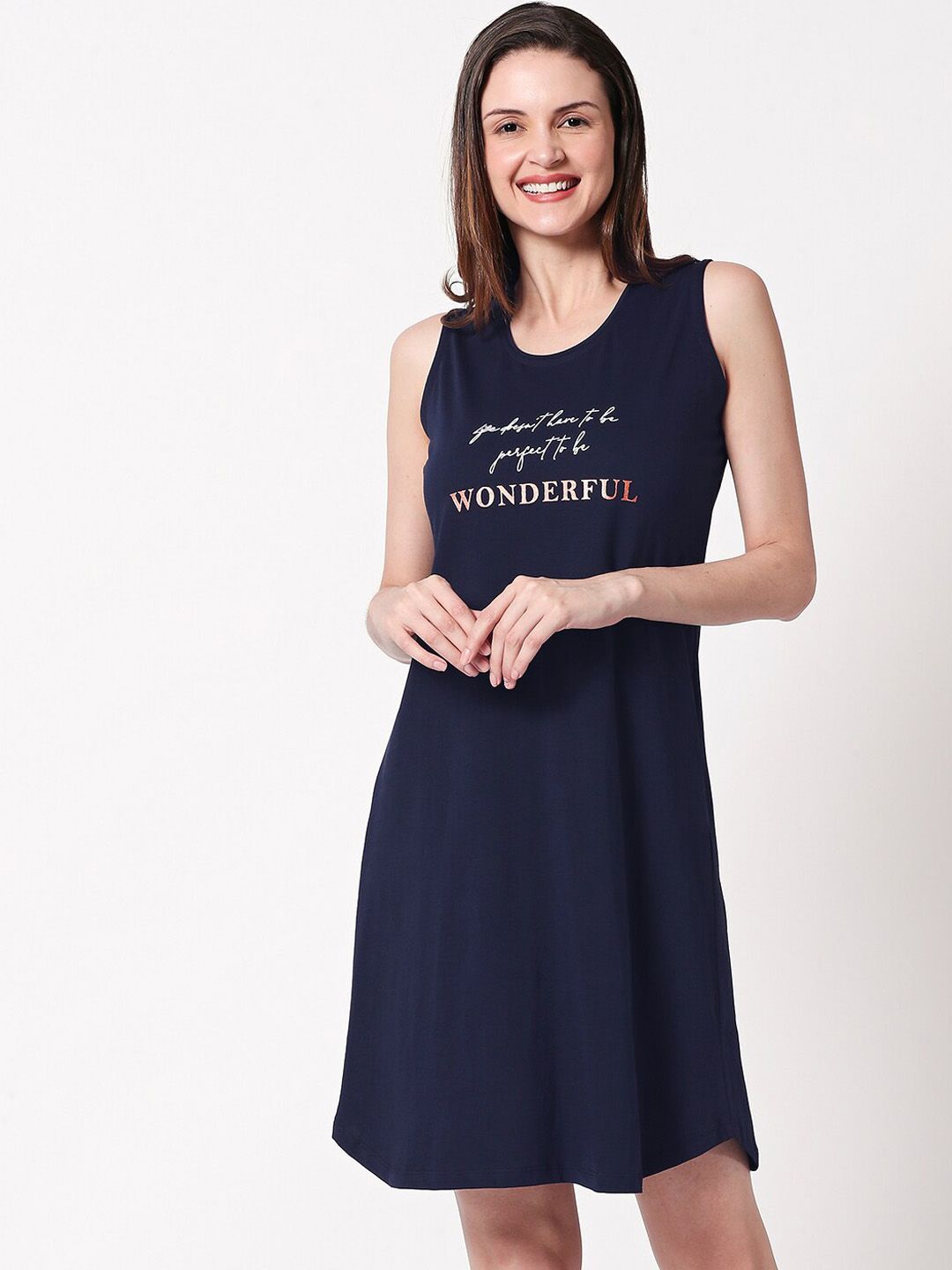 Zeyo Navy Blue Printed Cotton Nightdress-image-20