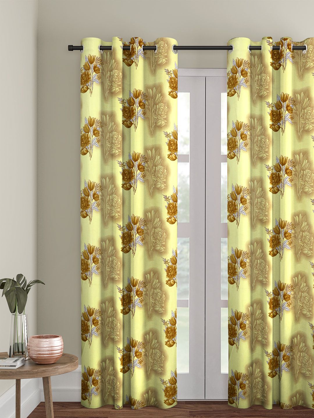 Cortina Yellow & Brown Floral Printed Polyester Single Long Door Curtain-picture-45