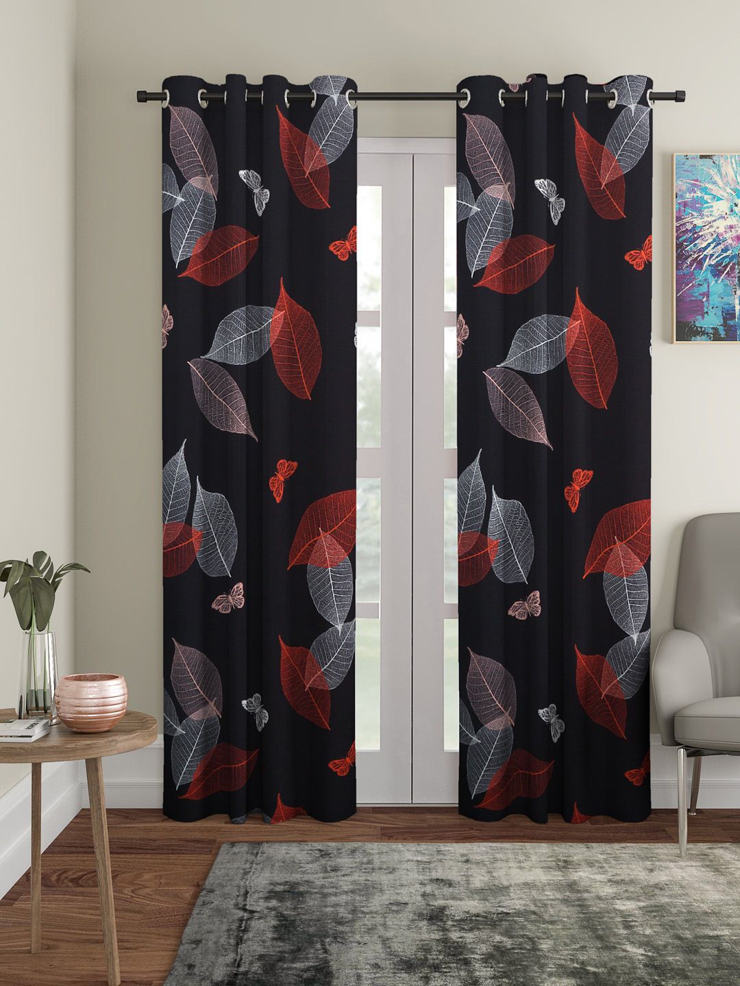 Cortina Black & Red Set of 2 Printed Long Door Curtains-picture-38