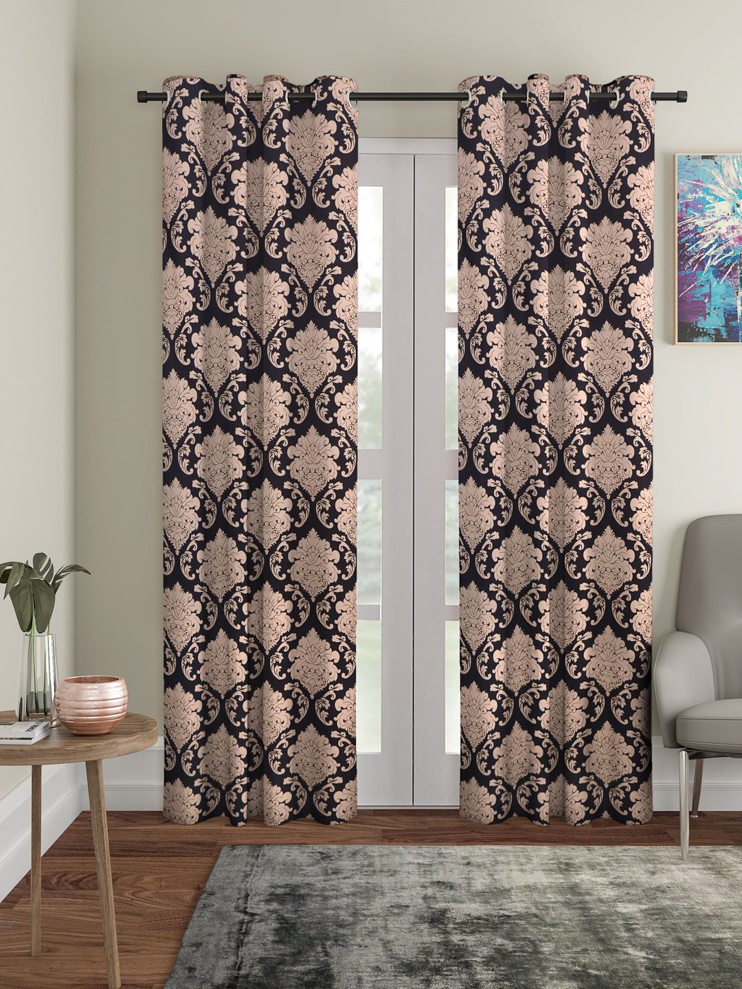 Cortina Beige & Black Set of 2 Digital Printed Long Door Curtains-image-24