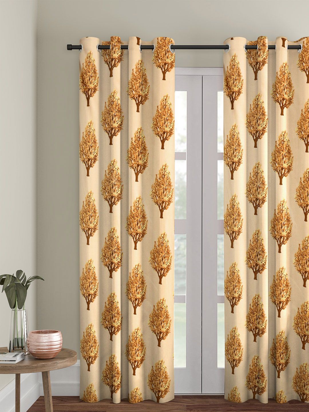 Cortina Yellow Floral Printed Polyester Single Door Curtain-image-26