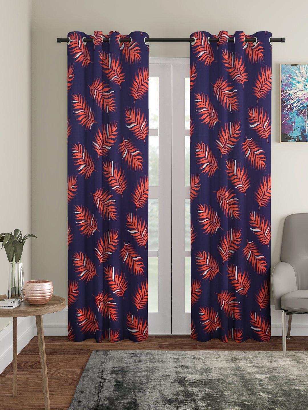 Cortina Navy Blue & Orange Set of 2 Printed Door Curtains-picture-12