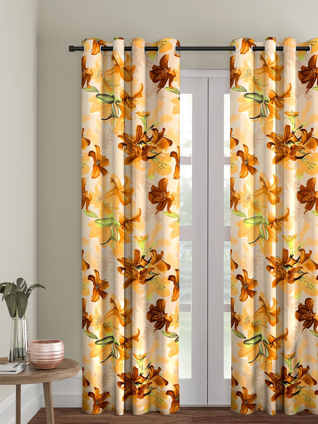 Cortina Beige Floral Print Single Curtain-image-39