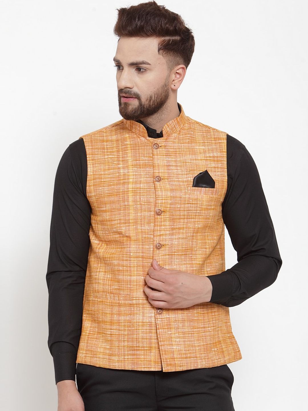 KLOTTHE Men Peach-Coloured Woven Design Nehru Jacket-picture-44