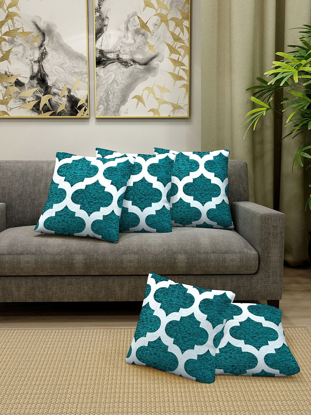 KLOTTHE Set Of 5 Turquoise Blue & White Self-Design Square Cushion Covers-image-42