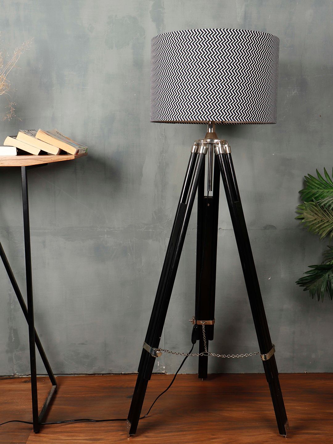 Grated Ginger Black & White Zig Zag Printed Cylindrical Shaped Lampshade-image-48