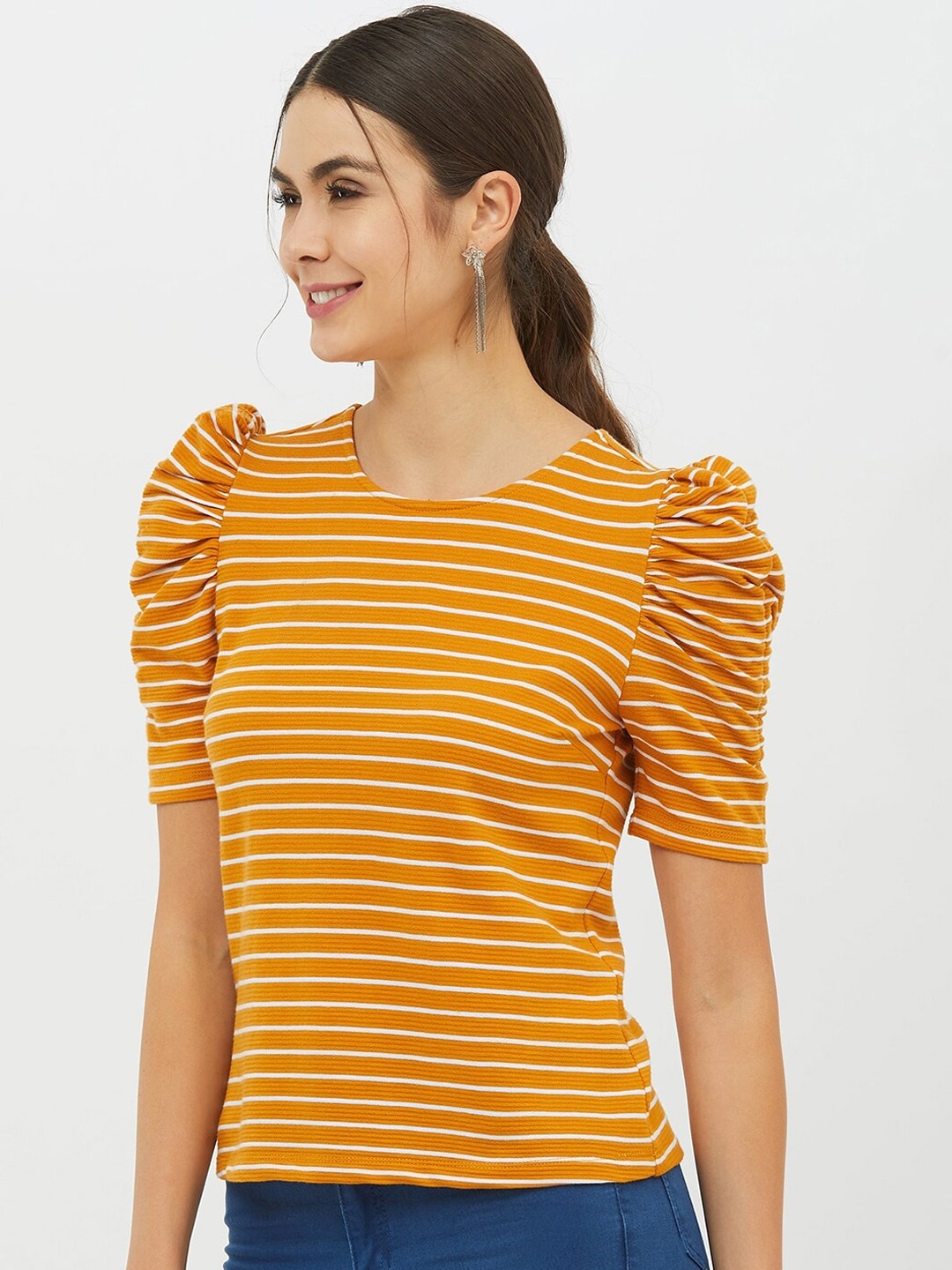 Harpa Women Mustard Striped Round Neck T-shirt
