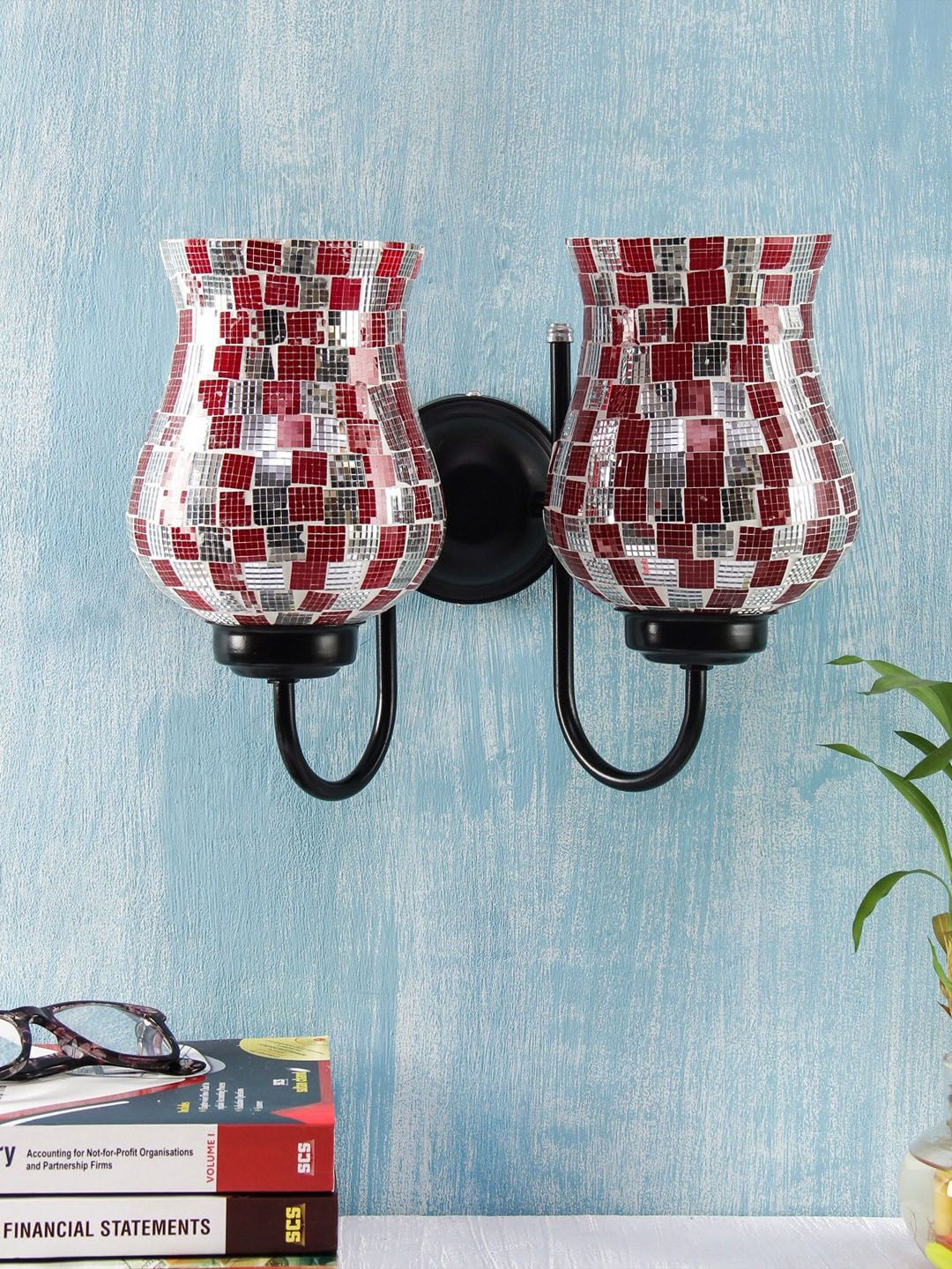 Devansh Red & Silver-Toned Textured Mosaic Wallchiere Lamp-image-19